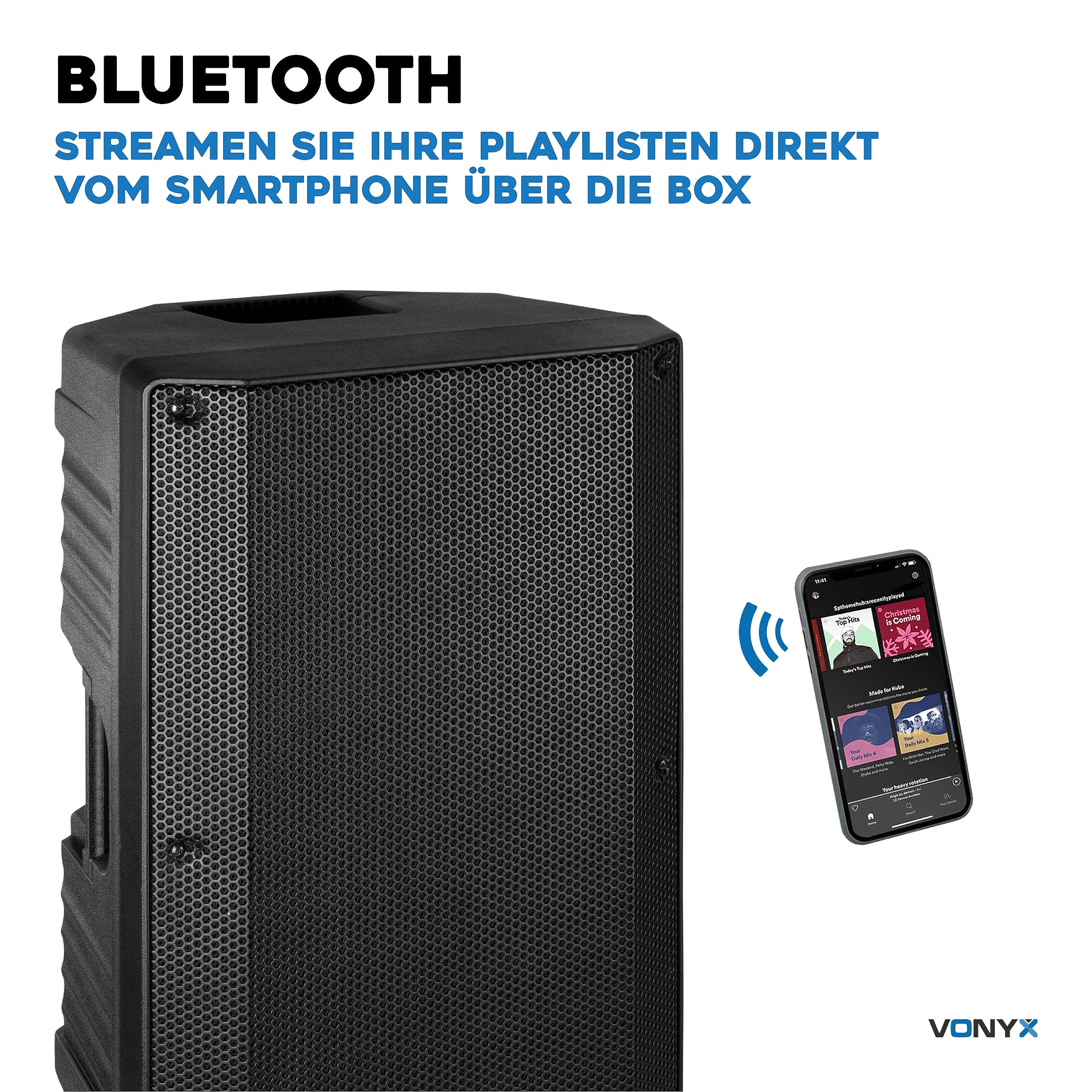Vonyx VSA15BT - Aktivlautsprecher, Bluetooth, 1000 Watt PA Anlage, PA Lautsprecher Aktiv mit 15 Zoll Subwoofer, Bi-Amp, Mikrofon-Input, Equalizer, Gitarreneingang MP3-Player, PA Boxen für Gitarristen