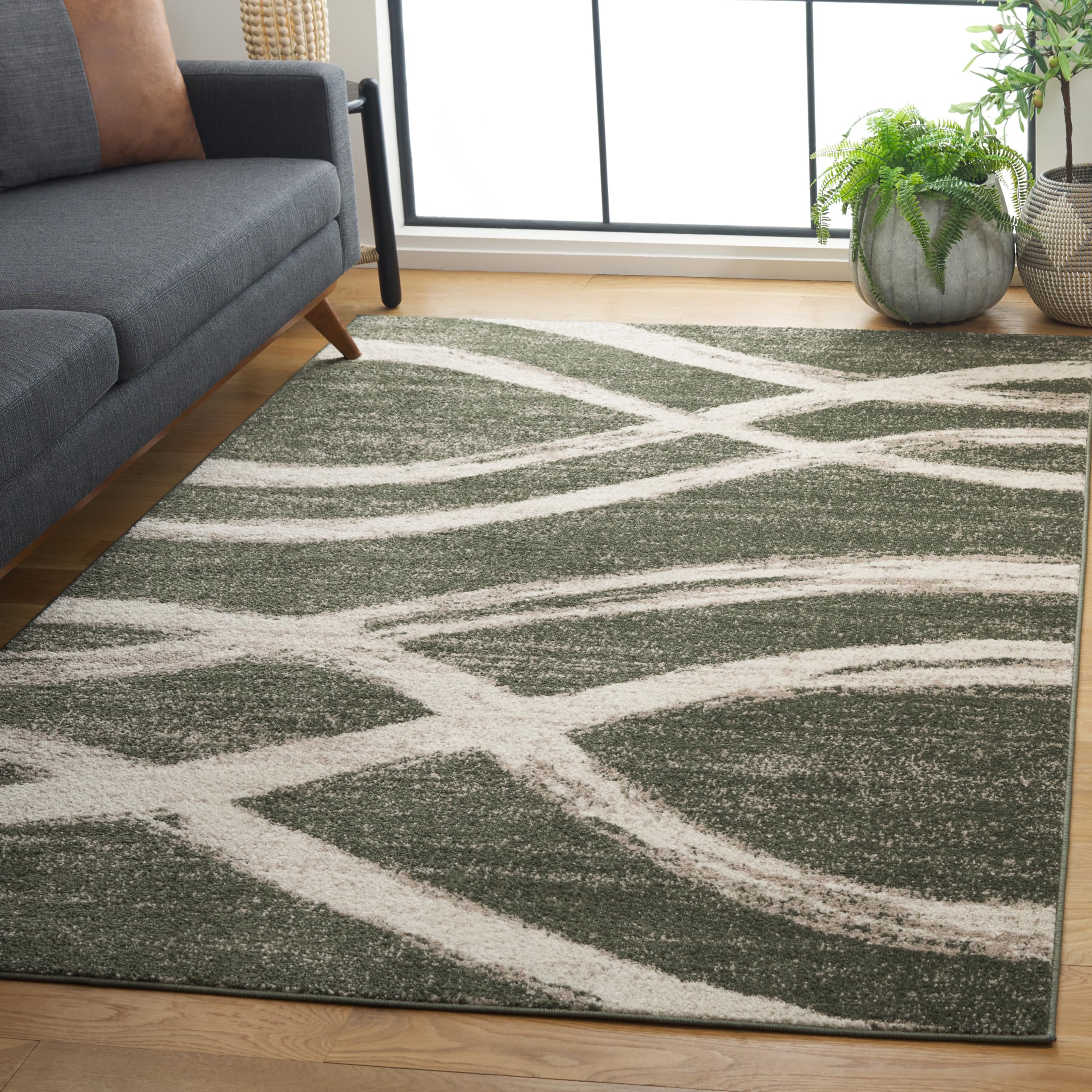 SAFAVIEH Area Rug 9x12 - Adirondack Collection - Large - Dark Green & Ivory, Modern Wave Design, Non-Shedding & Easy to Clean, Ideal for Living Room,