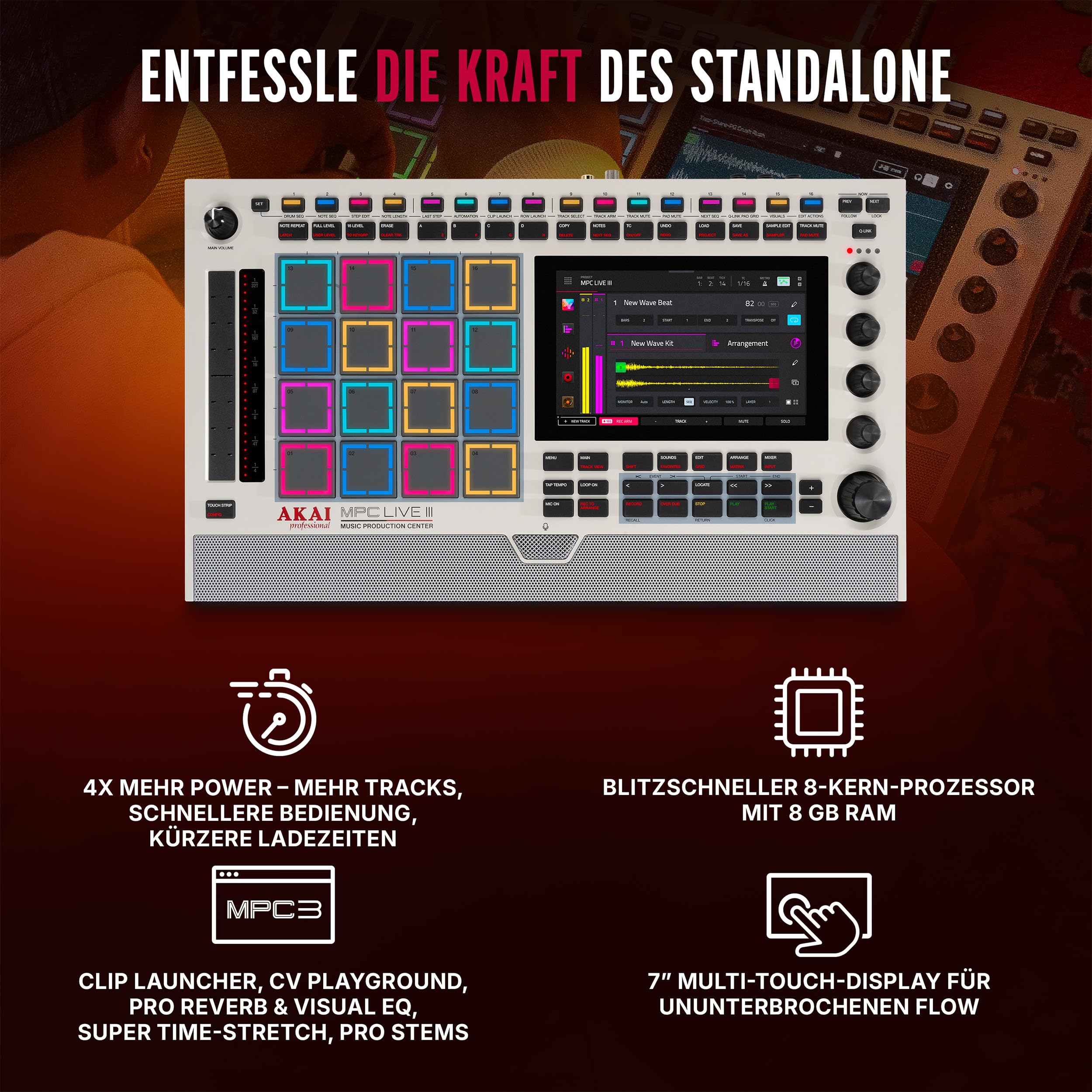 Akai Professional MPC Live III Retro tragbares Musikproduktions-Center | Standalone, MPCe Pads, Touchscreen, Stereo Lautsprecher, Mikrofon, Akku, Bluetooth, WLAN