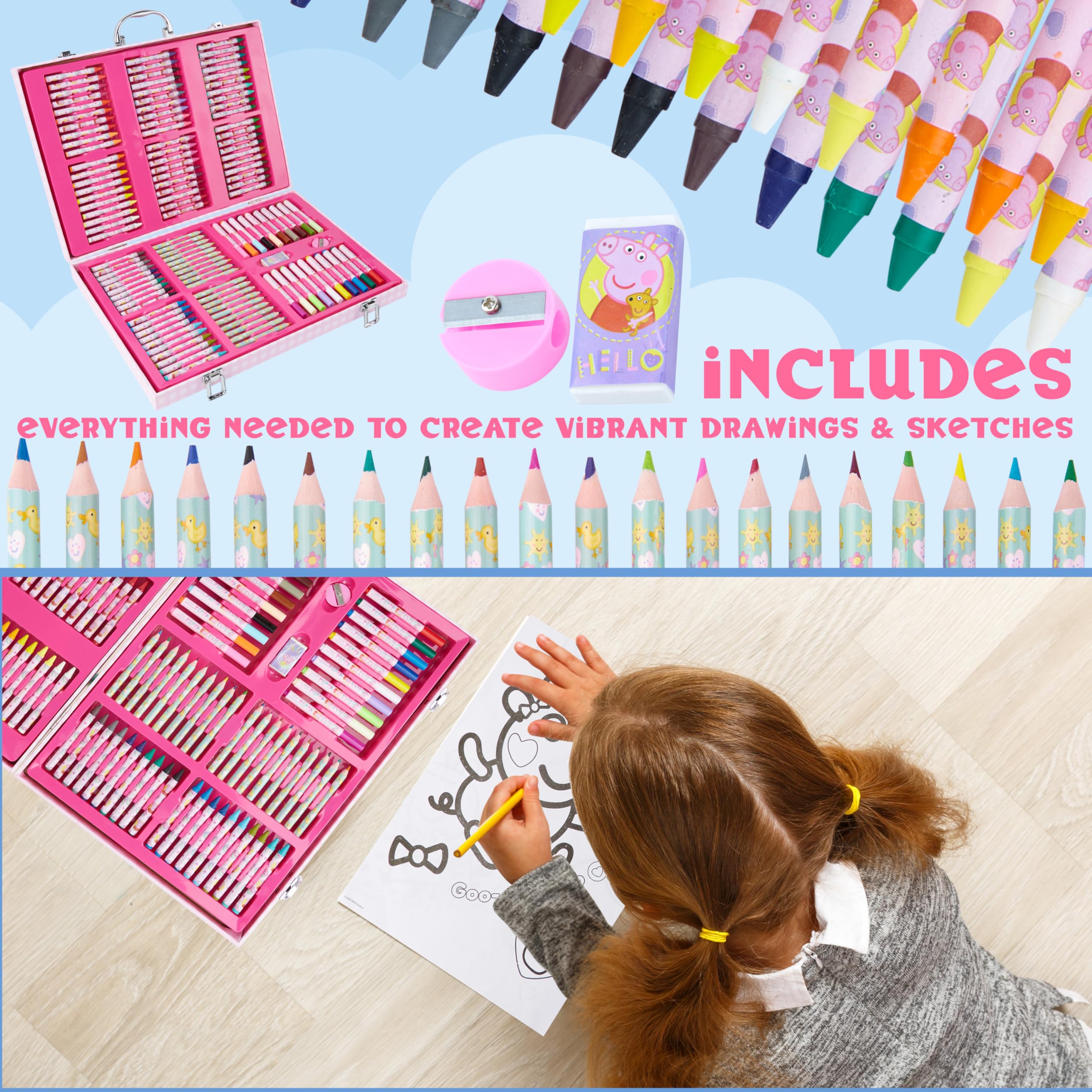 Peppa Pig Maletin Pinturas para Niños con Más de 130 Piezas, Set de Pintura, Lápices, Ceras, Rotuladores, Pegatinas y Hojas para Colorear, Regalo Niña