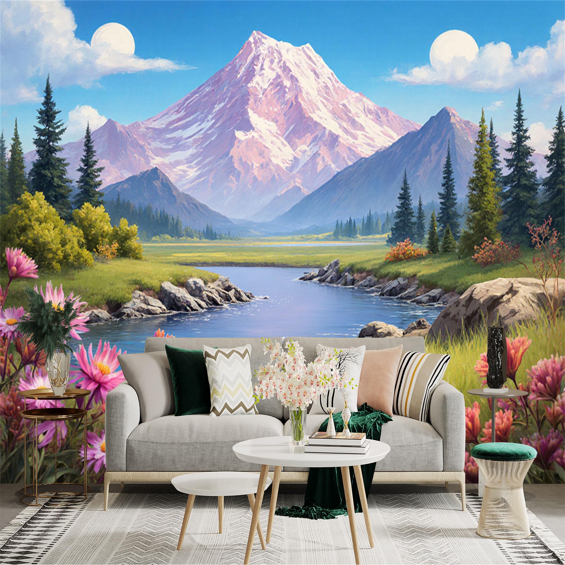 Lnzczhyre Xc260505600 Custom Size Wall Sticker Mural， Snowy Mountain Peak， Serene River Valley， Vibrant Wildflower Meadow， Peaceful Nature Landscape， For Wall Decoration， Peelandstick Wall Decals.
