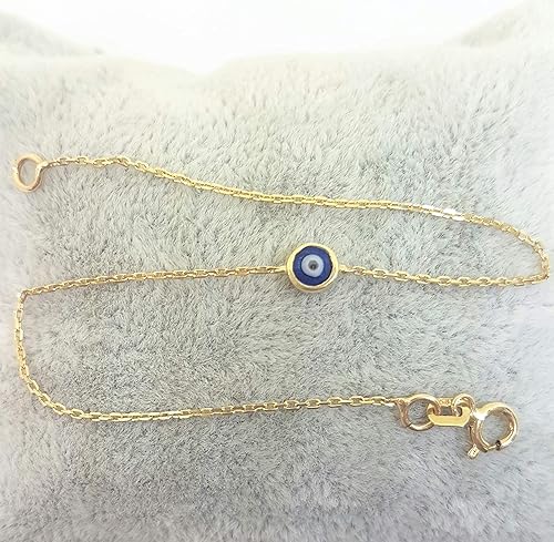 Miniatura 4 de Pulsera de oro amarillo sólido de 14 quilates para mujer | Pulsera de protección nazar turca de la suerte buena suerte delicada azul marino o