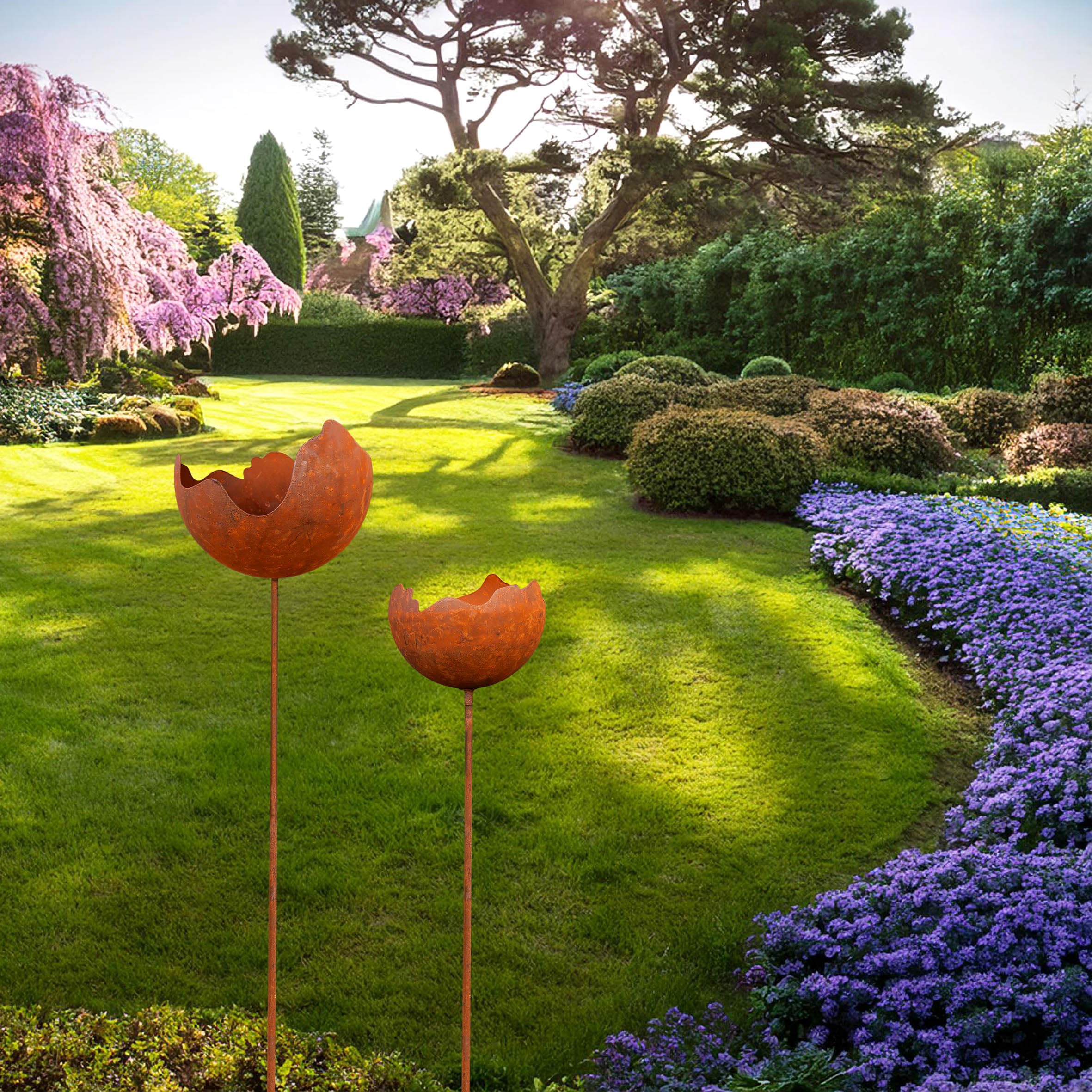 Lot de 2 boules de feu en métal rouillé - 92/70 cm - Photophore avec piquet - Décoration de jardin