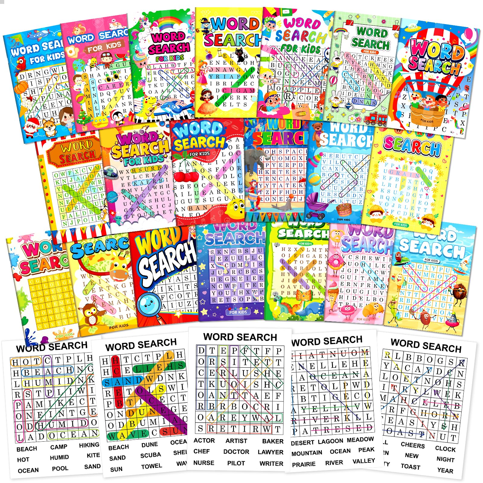 Elfew 20 Pack Word Search Books for Kids Puzzle, 280 Large Print Word Search Games for Kids Ages 6-8, Search and Find Words Activity Books for Children 4, 5, 6 Years Old, Airplane Activities for Kid
