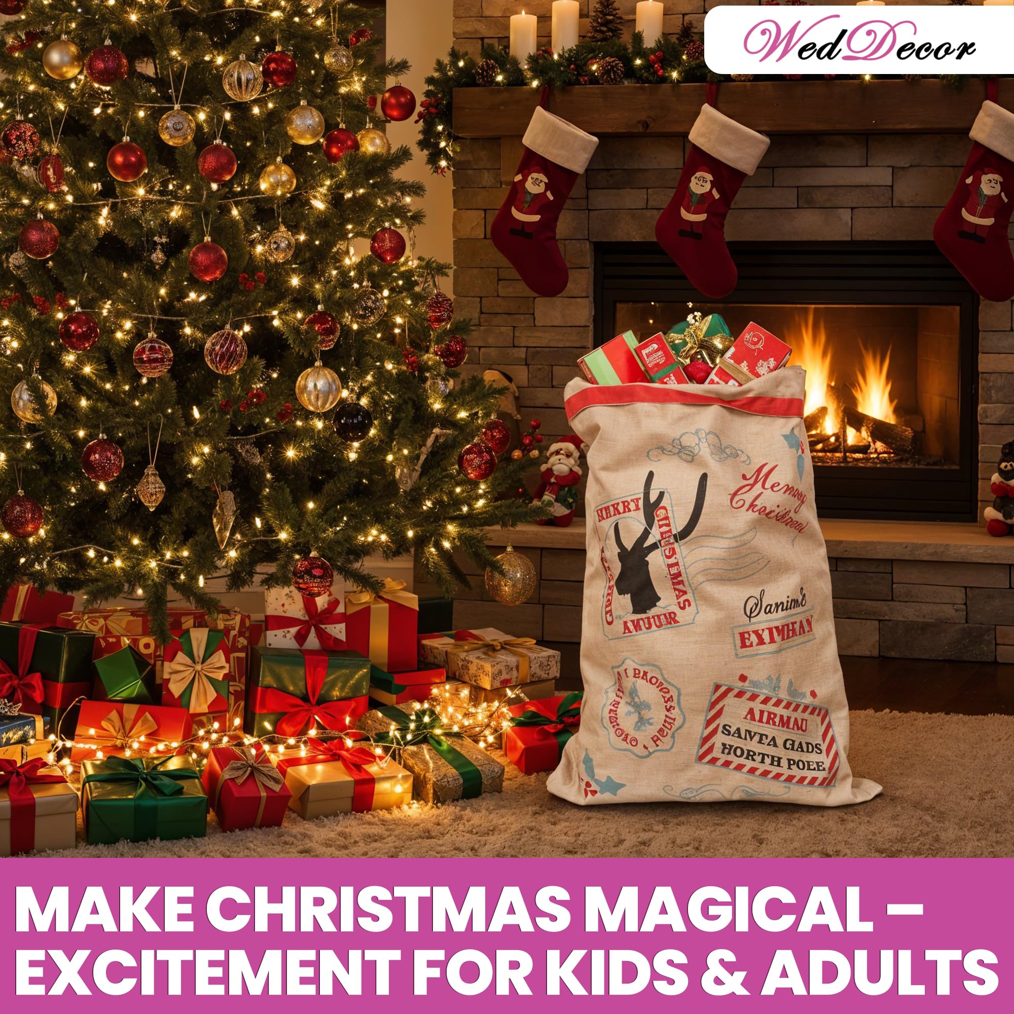 WedDecor Lot de 12 grands sacs cadeaux de Noël pour enfants - 50 x 70 cm