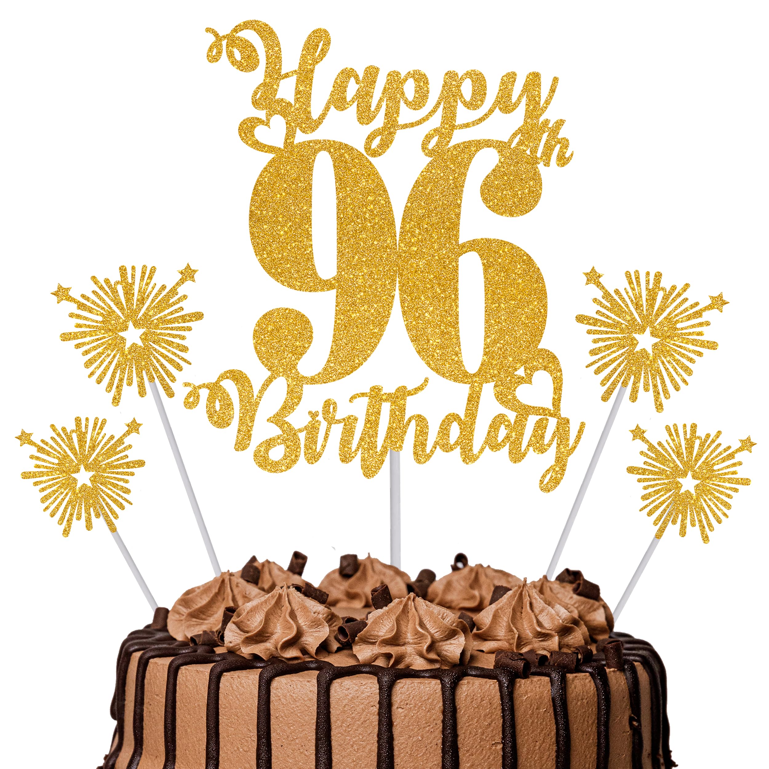 Gold Glitter 96th Birthday Cake Topper Set – 5 Piece Premium Glitter Birthday Decoration & Party Supplies for Men, Women & Kids – 96th Birthday