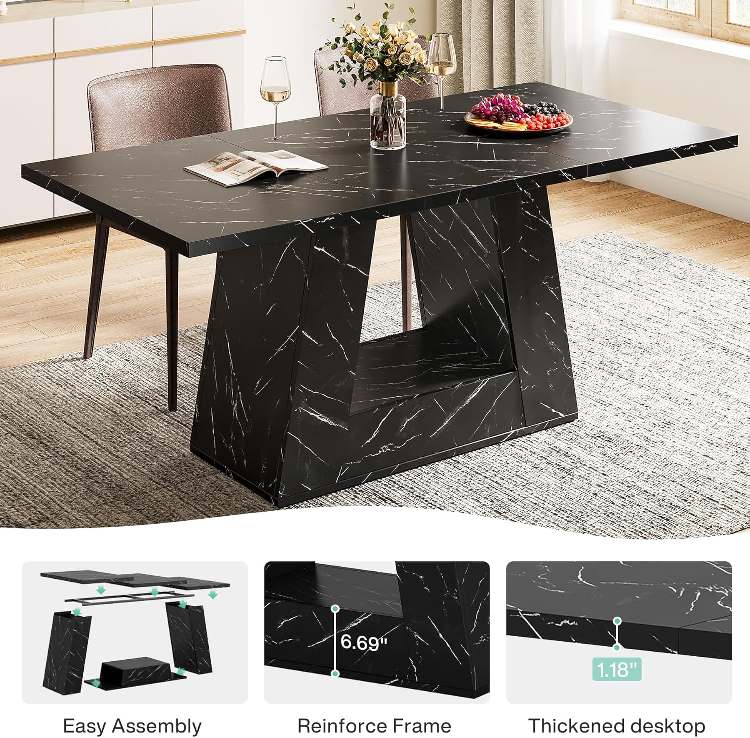 Tribesigns Dining Table for 4 to 6 People, 63" Rectangular Dining Room Table, Modern Wooden Faux Marble Dinner Table with Sturdy Base for Kitchen, Living Room, Black