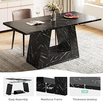 Tribesigns Dining Table for 4 to 6 People, 63 Rectangular Dining Room Table, Modern Wooden Faux Marble Dinner Table with Sturdy Base for Kitchen, Living Room, Black