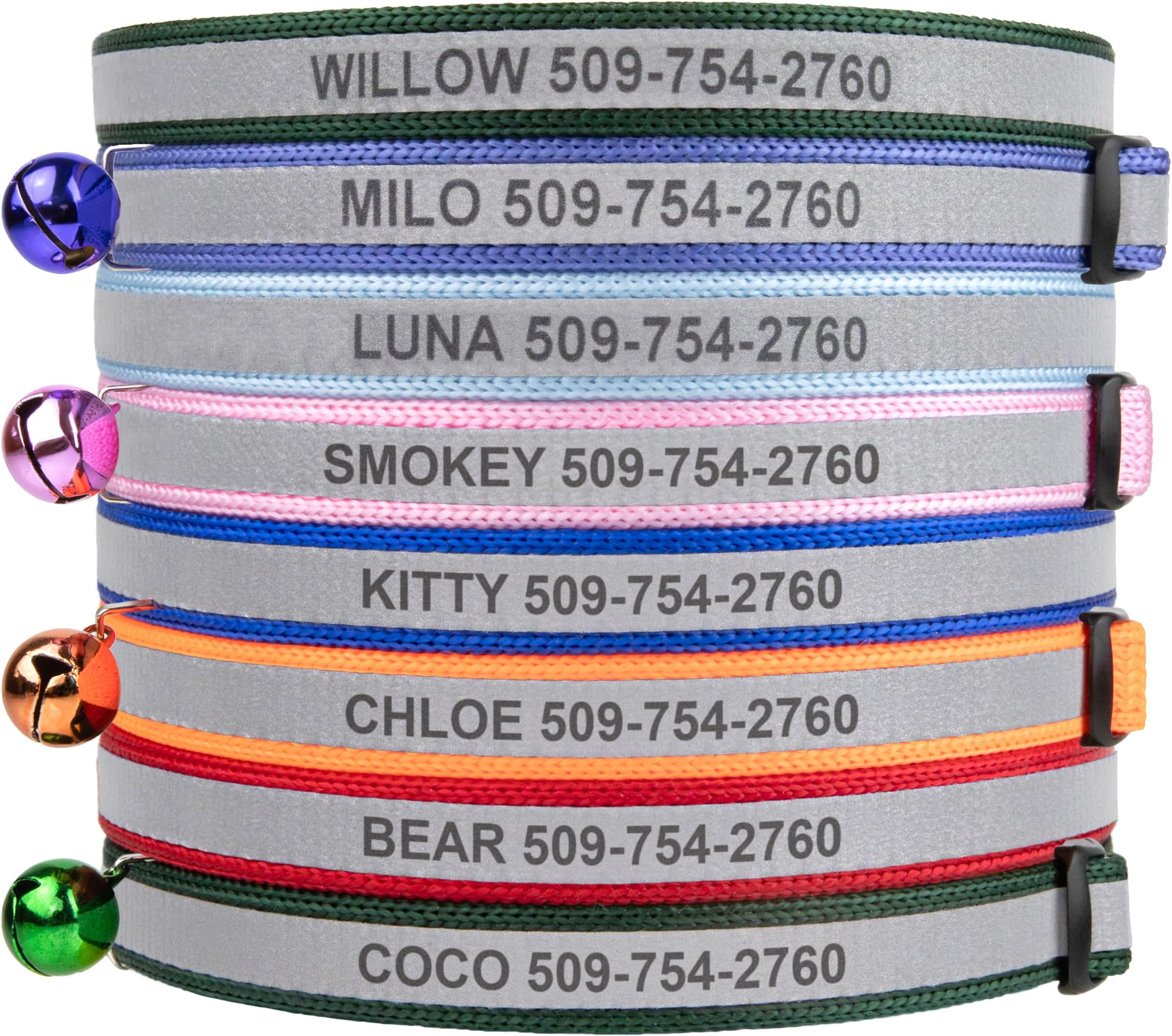 GoTags Personalized Reflective Cat Collars, Engraved Custom Cat Collar with Name and Phone Identification, Breakaway Collar with Safety Release Buckle and Bell, Adjustable for Cats and Kitten, (Pink)