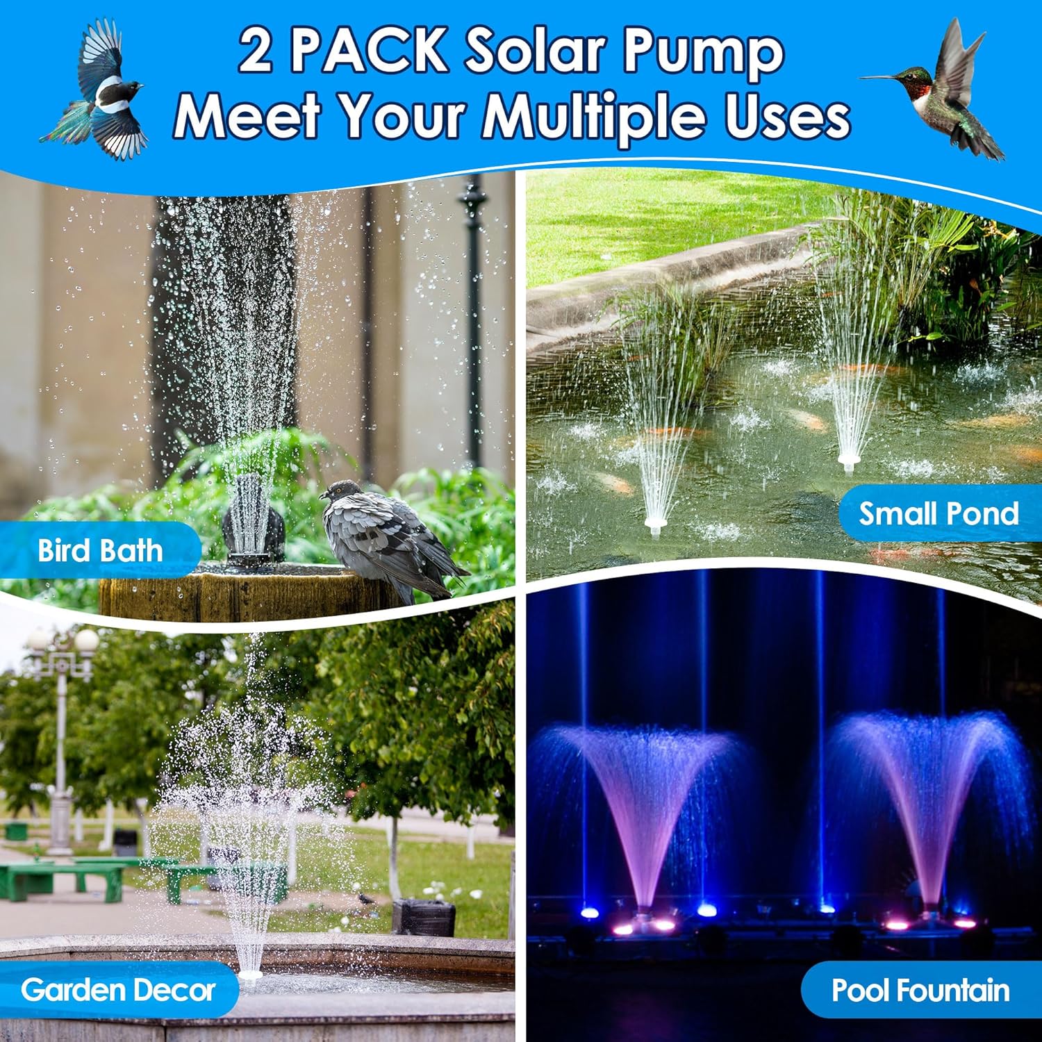 2 Pack Solar Power Bird Bath Fountain Pump with Remote, 3.5W LED Colorful Light and 2200mAh Battery Birdbath Solar Power, Floating Water Fountain Pump for Pond, Garden, Fish Tank
