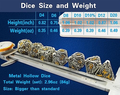 Miniatura 5 de Juego de dados de metal huecos DND poliédricos de calavera y dragón juego de miniaturas de juego de cartas mágicas 7 piezas dados de DD caja de