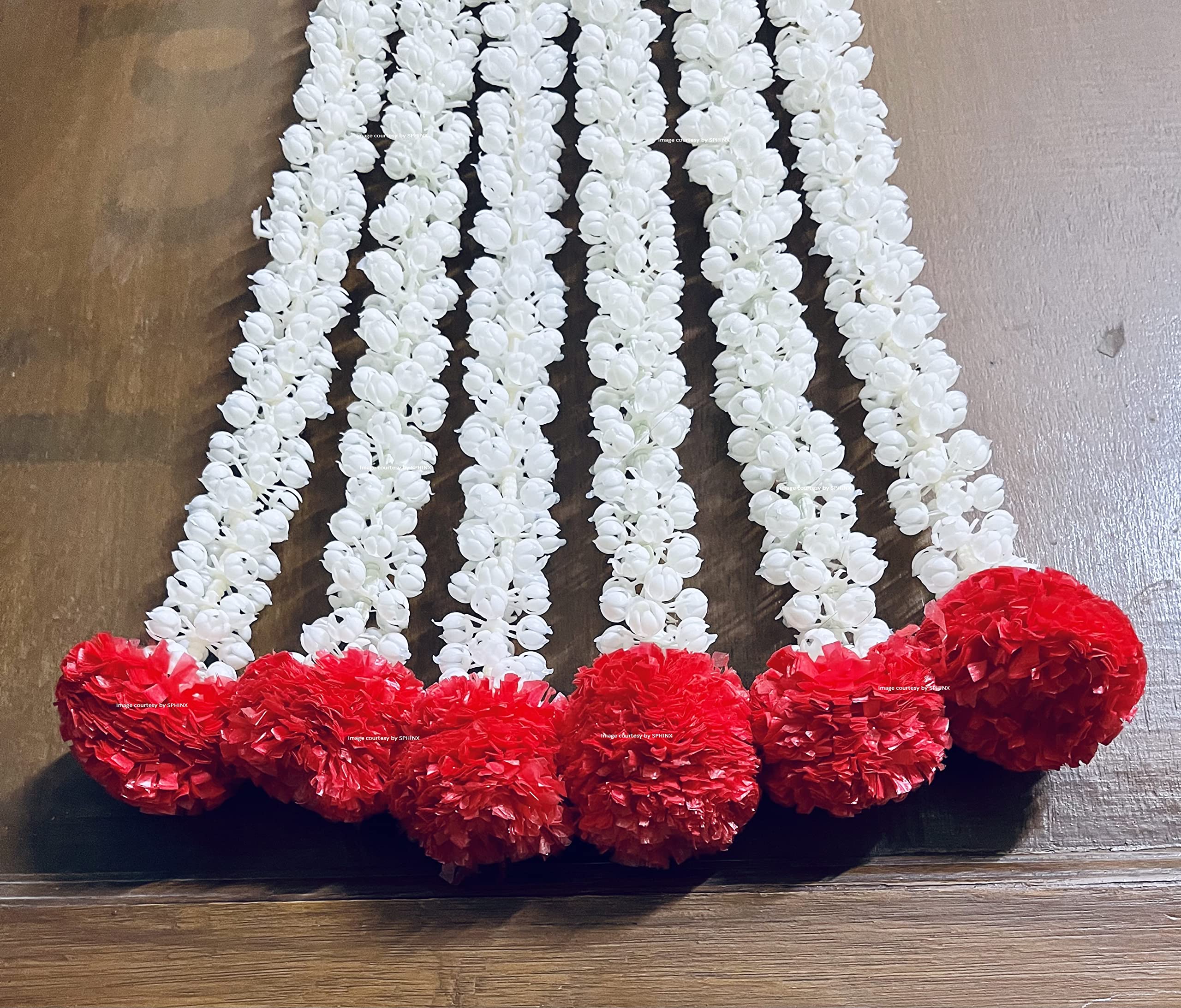 Sphinx artificial jasmine buds (mogra phool) and fluffy marigold garlands/strings/torans for decoration (approx. 2.5 ft/30 Inches height)- (Red, 4)