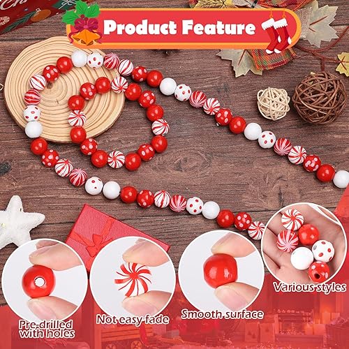 Miniatura 3 de 180 cuentas de madera de bastón de caramelo de 0.63 pulgadas (0.630 in), cuentas de madera redondas coloridas con agujeros, cuentas espaciadoras de
