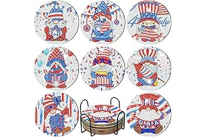 8 PCS 4th of July Gnome Diamond Art Paintings Coasters Diamond Art Coasters with Holder