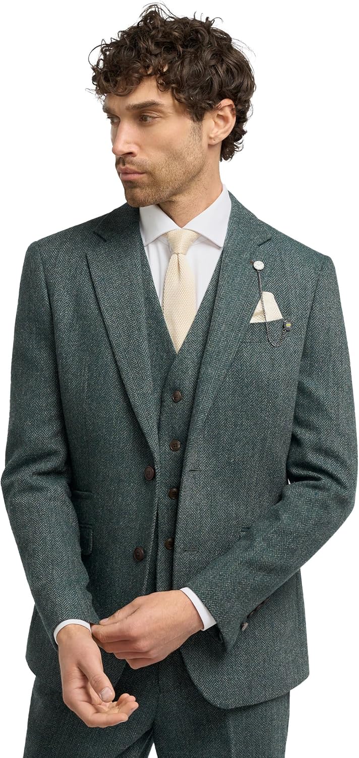 Men’s Wool Herringbone Tweed Suit 3-Piece Vintage Wedding Business Party Outfit Sold Separately