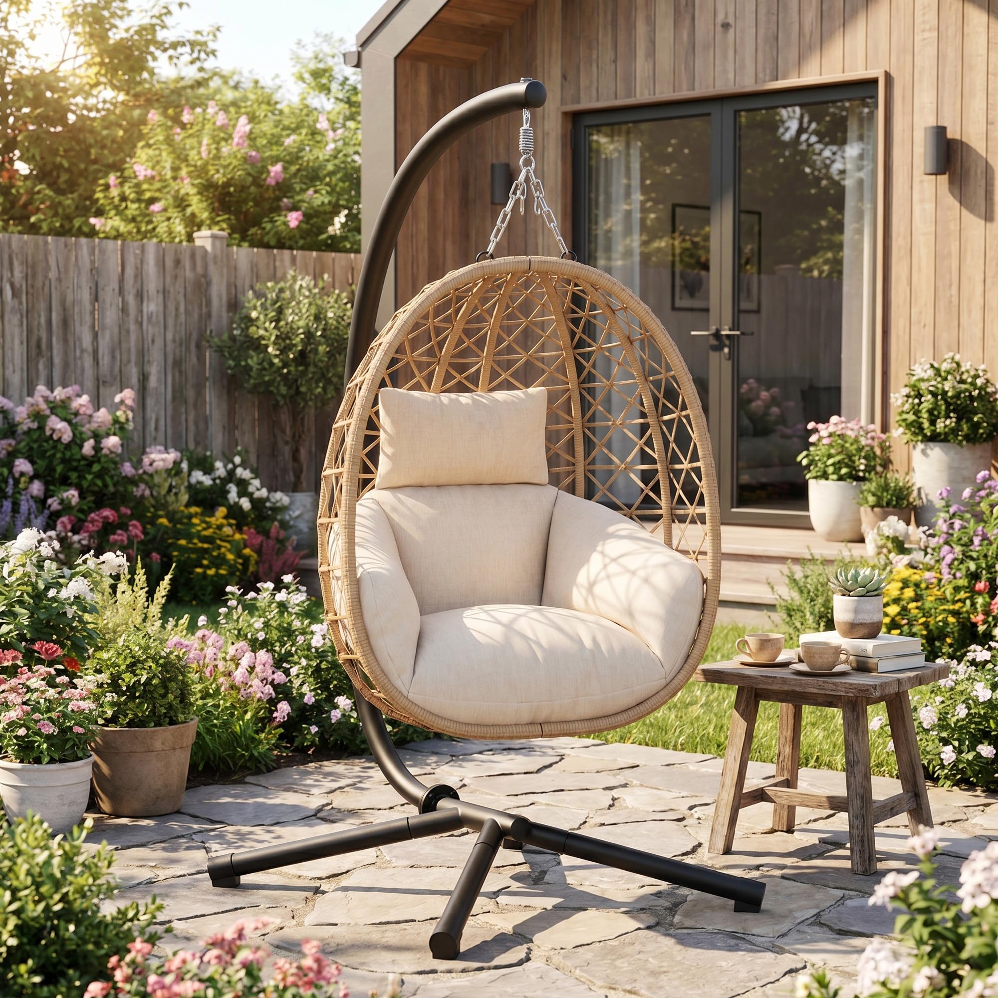 UDPATIO Poltrona Sospesa a Forma di Uovo con Struttura, Sedia Sospesa da Esterno in Vimini PE, Cuscino Spesso 18 cm, Carico Max 160 kg, Dondolo da Giardino per Balcone e Terrazzo, Beige