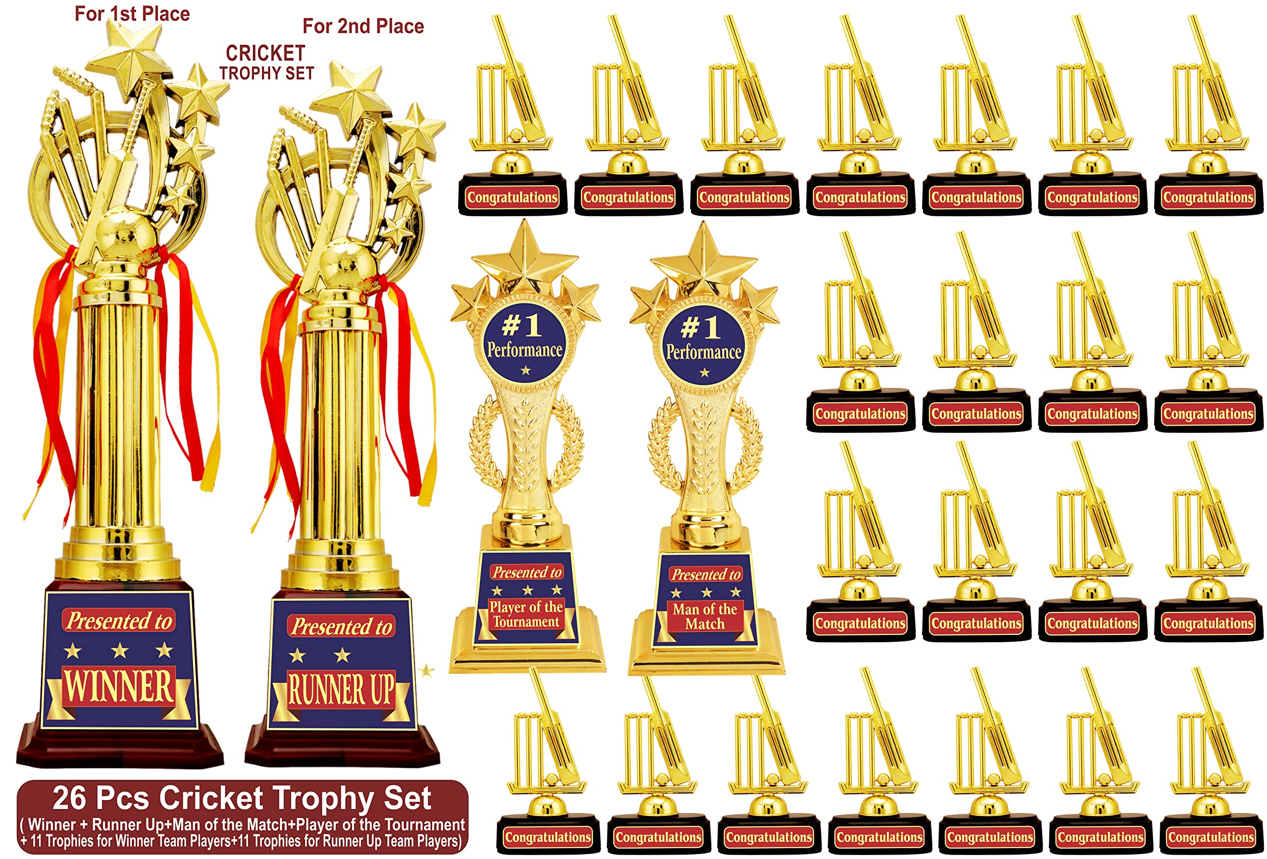 Buy Aark India 26 Pcs Cricket Trophies Full Set for 1st and 2nd Place