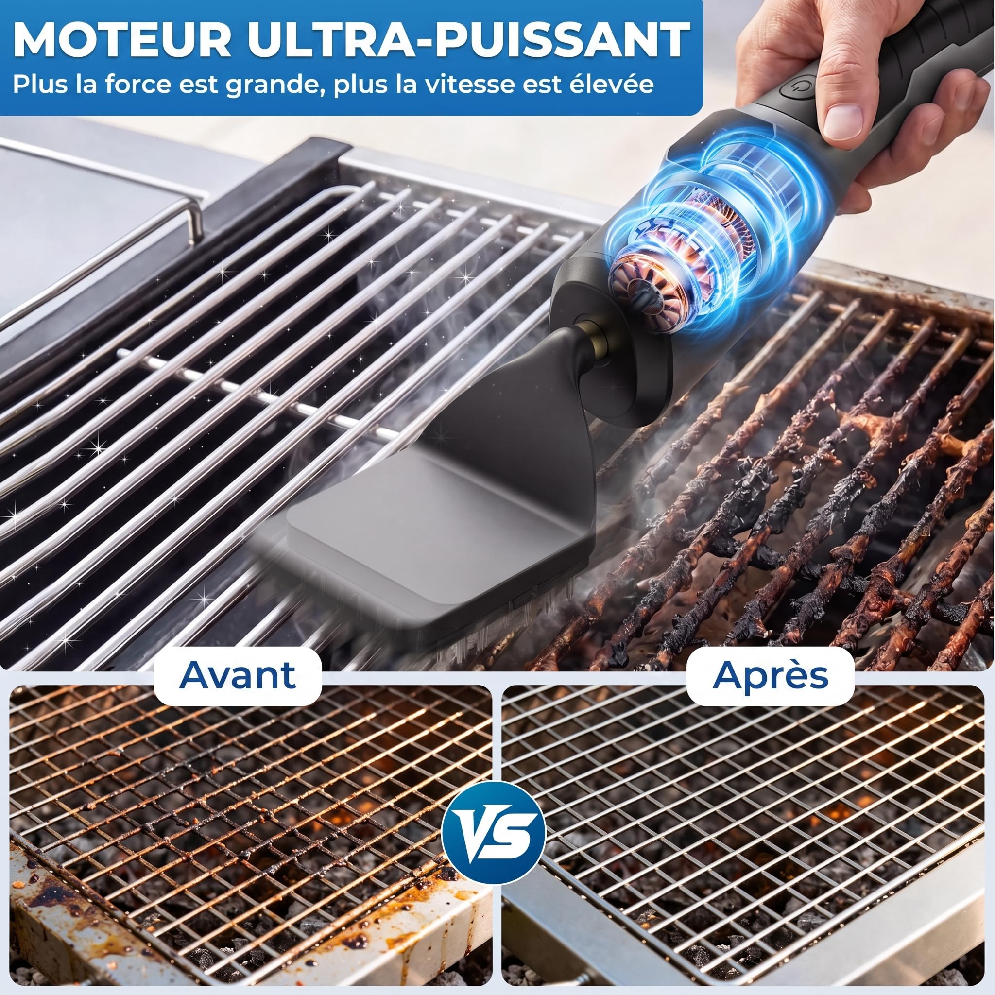 Spazzola Elettrica per Barbecue, Autonomia di 180 Minuti, 4 Testine di Ricambio,Impermeabile IPX7, Ricarica USB, Spazzola in Acciaio Inossidabile per la Pulizia Griglia Barbecue, Campeggio
