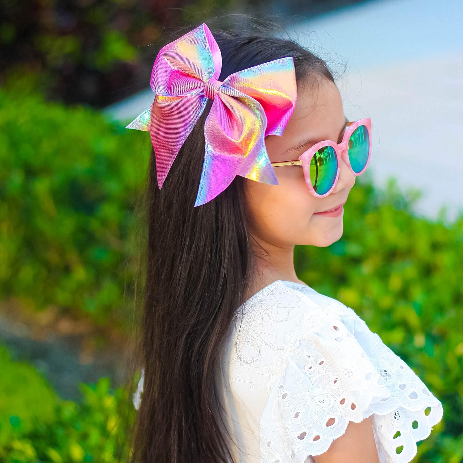 FROG SAC 4pcs Tie Dye Mermaid Hair Bows for Girls, Large Cheer Bow For Kids, Sparkly Cute Little Girl Hair Accessories, 6 Inches Grosgrain Ribbon Child Bow Pack, Birthday Party Favors