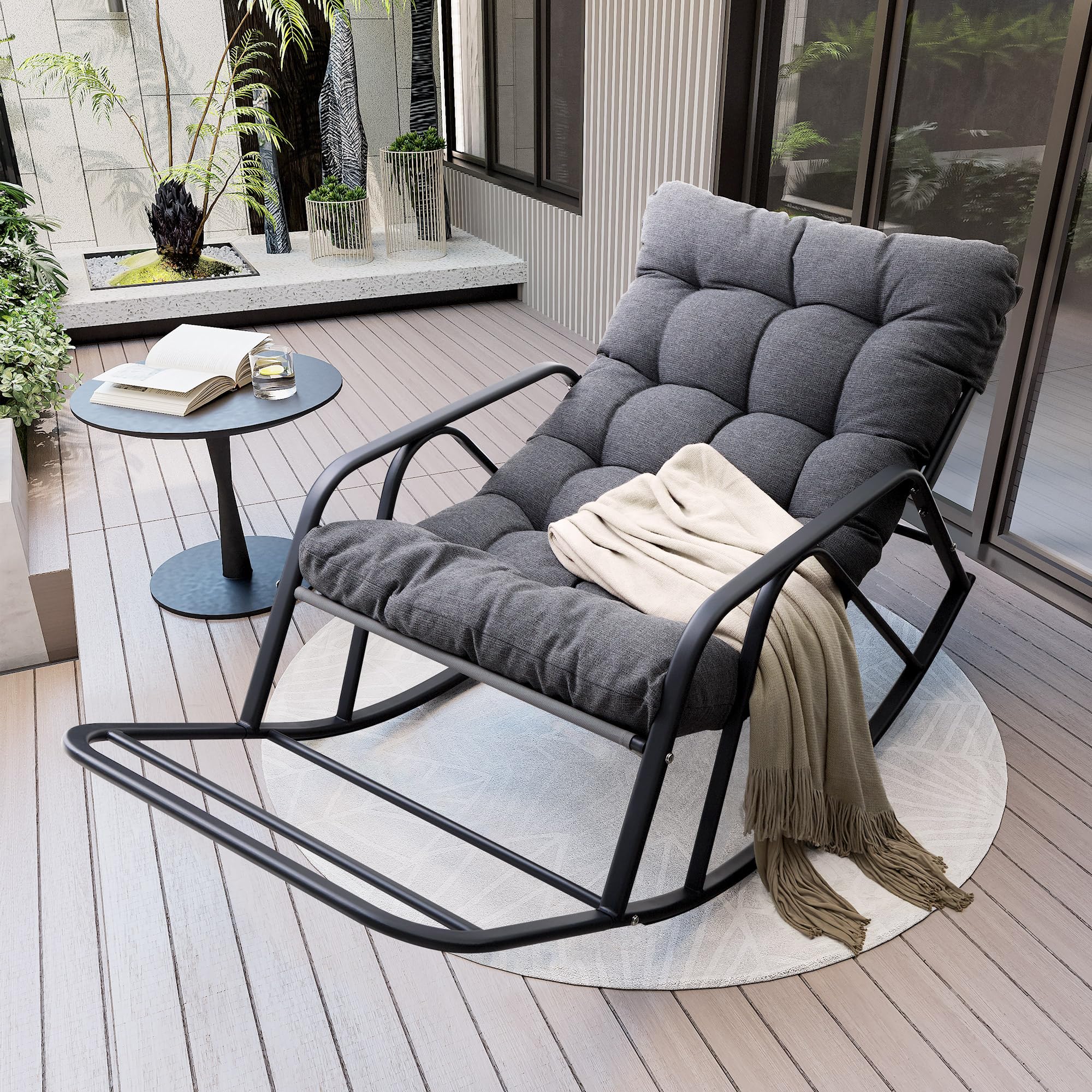 IRONCK Patio-Schaukelstuhl mit Kissen, Übergroßer Garten-Schaukelstuhl mit Armlehnen und Fußstütze, Moderner Lounge-Stühle für Wohnzimmer, Garten, Terrasse & Balkon, Grau