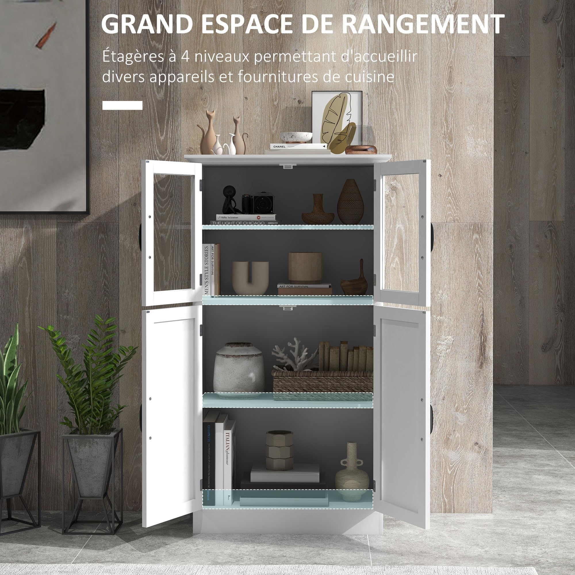 HOMCOM Buffet de Cuisine Armoire de Cuisine contemporaine Multi-rangements 2 placards, Portes en Verre, 4 étagères en Bois Blanc
