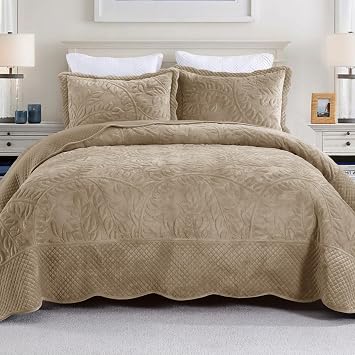 MarCielo Embroidered Velvet Quilt Set with 2 Pillow Shams,Soft Oversized Bedspread Coverlet Quilted Bedding for All SeasonCamel,Queen98" X 92"