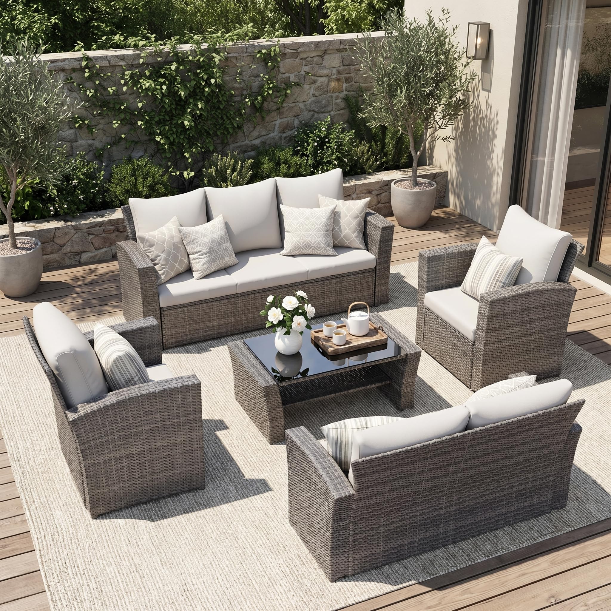 (incomplete)wisteria lane patio furniture set, 5 pieces wicker outdoor furniture for all weather, patio sofa with high backrest support and wide armrest for backyard, balcony, deck, porch, light gray