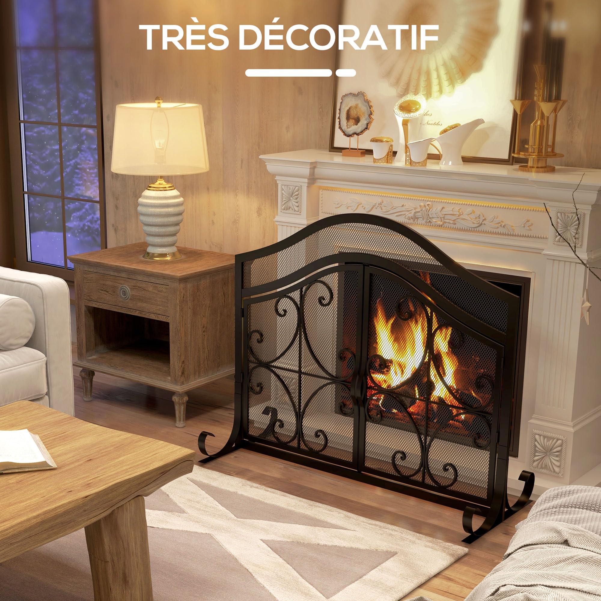 HOMCOM Pare-feu cheminée, Grille de Protection pour cheminée, Panneau Unique en Maille d'acier, Sommet arqué, avec Double Porte magnétiques, 105 x 40 x 80,5 cm, Noir