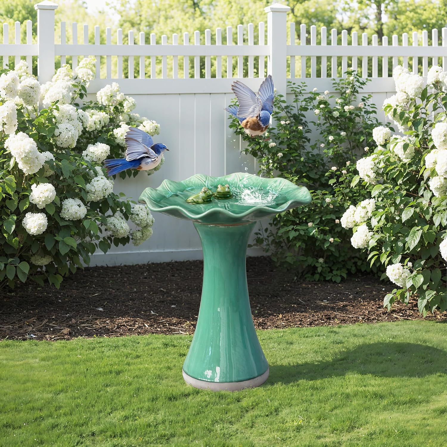 LuxenHome 20 Inch Ceramic Bird Bath for Outside, Elegant Tall Outdoor Bird Bath, Lightweight Pedestal Glazed Birdbaths for Outdoors with Leaf Shaped Basin and Decorative Frogs, Green