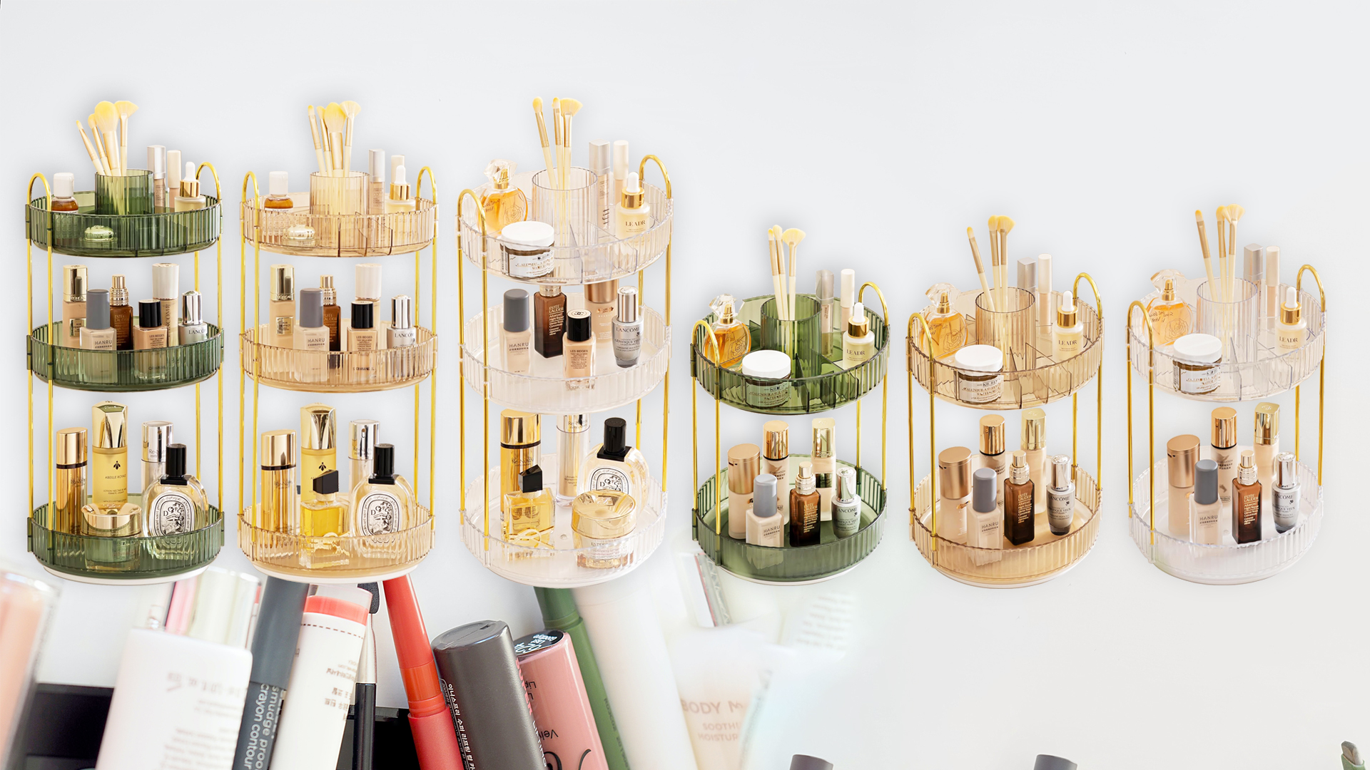 Organisateur Maquillage Rotatif 360° - 2 Niveaux Avec Porte-Pinceaux - Doré - 24x24x31cm