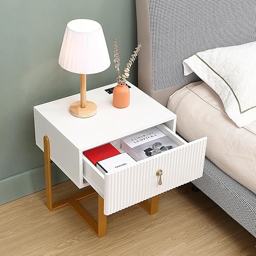 Miniatura 5 de Juego de 2 mesitas de noche modernas con cajones y estación de carga para dormitorio, mesa auxiliar de cama, mesas auxiliares para sala de estar