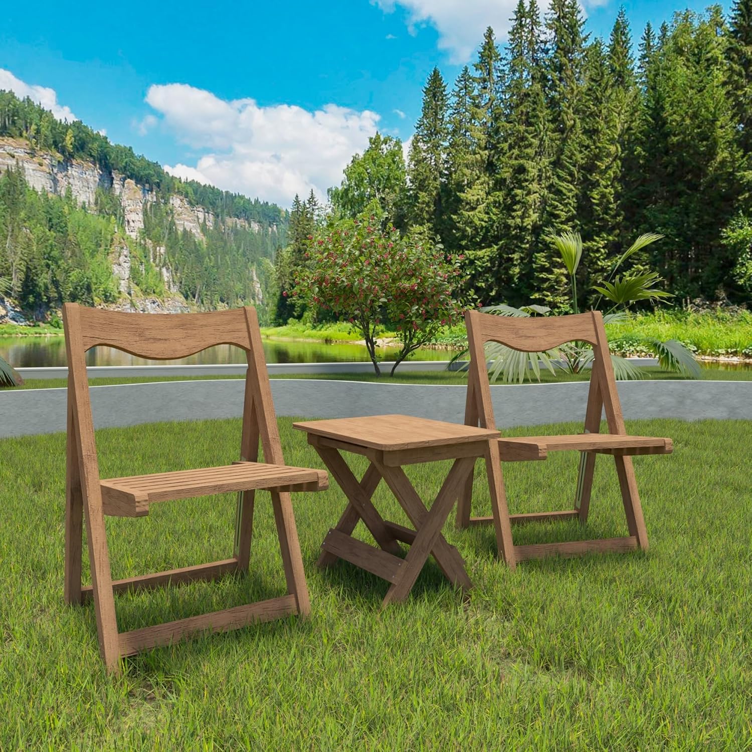 Foldable Small Teak - Look Bistro Set - 2 Chairs & Rectangular Table for Indoor/Outdoor Use