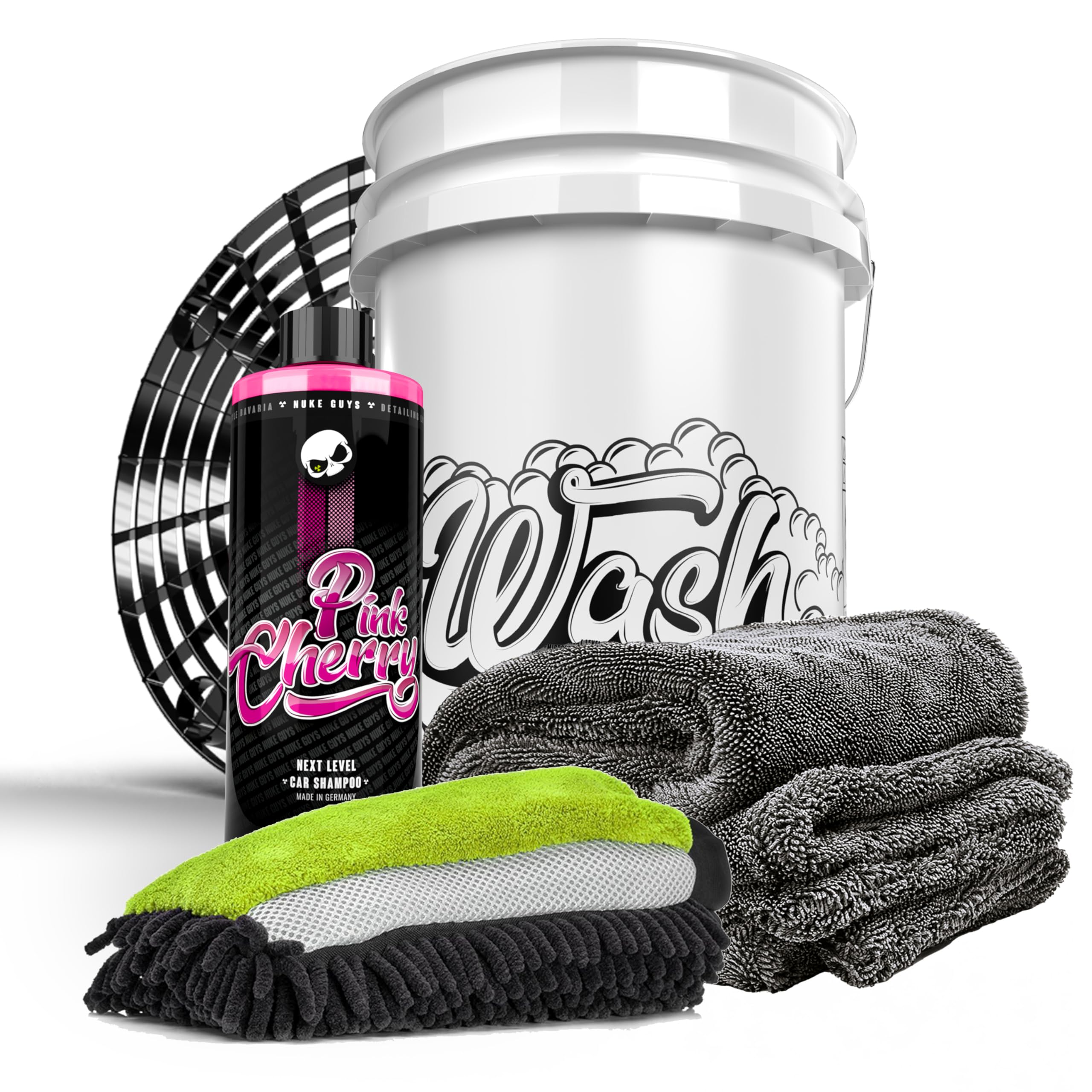 Nuke Guys Starter Auto Wasch Set - Wascheimer mit GritGuard Schmutzeinsatz + Pink Cherry Autoshampoo 0,5l + 3in1 Waschschwamm + Gamma Dryer Twisted Pile Trockentuch XXL + Autoreinigung - Handwäsche