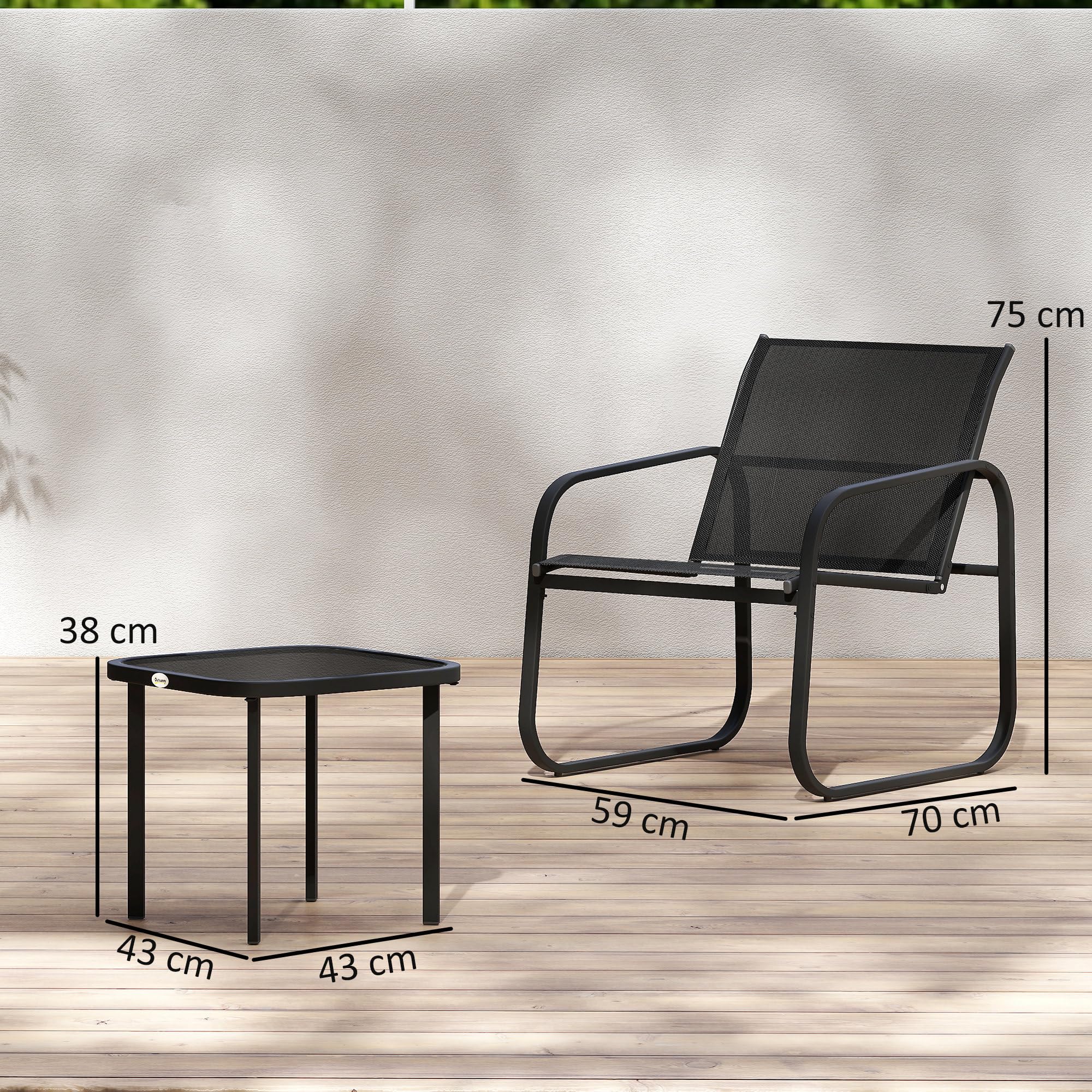 Outsunny Set bistrot da giardino 3 pezzi, set di mobili da giardino per 2 persone con 2 sedie in rete e tavolino in vetro temperato, mobili da giardino, terrazza, balcone, veranda, nero