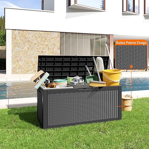 Miniatura 2 de Caja de resina de 120 galones, caja de almacenamiento con cerradura para patio, exterior, para muebles, herramientas de jardín y almacenamiento de