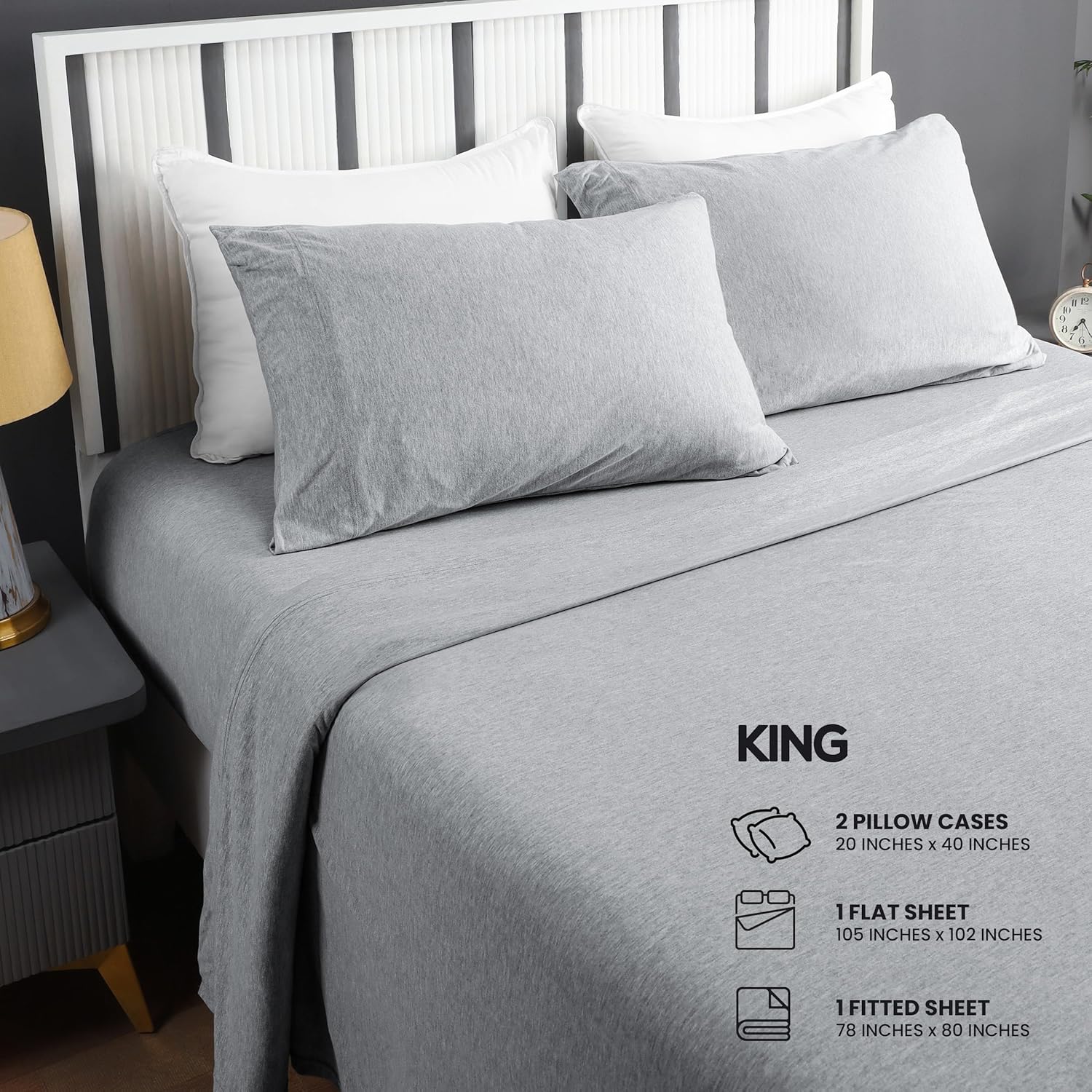 Utopia Bedding King Sheet Set - Jersey Knit Sheets 4 Piece – Cotton – Soft T-Shirt Stretchy Sheets (King, Heather Light Grey) - Image 2