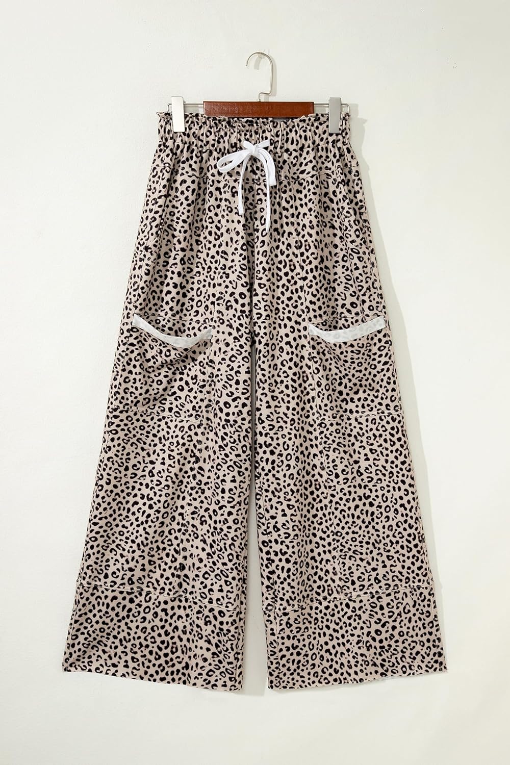 Women's Leopard Print Pants High Waist Wide Leg Drawstring Slacks Animal Print Terry Knit Trousers with Pockets - Image 3