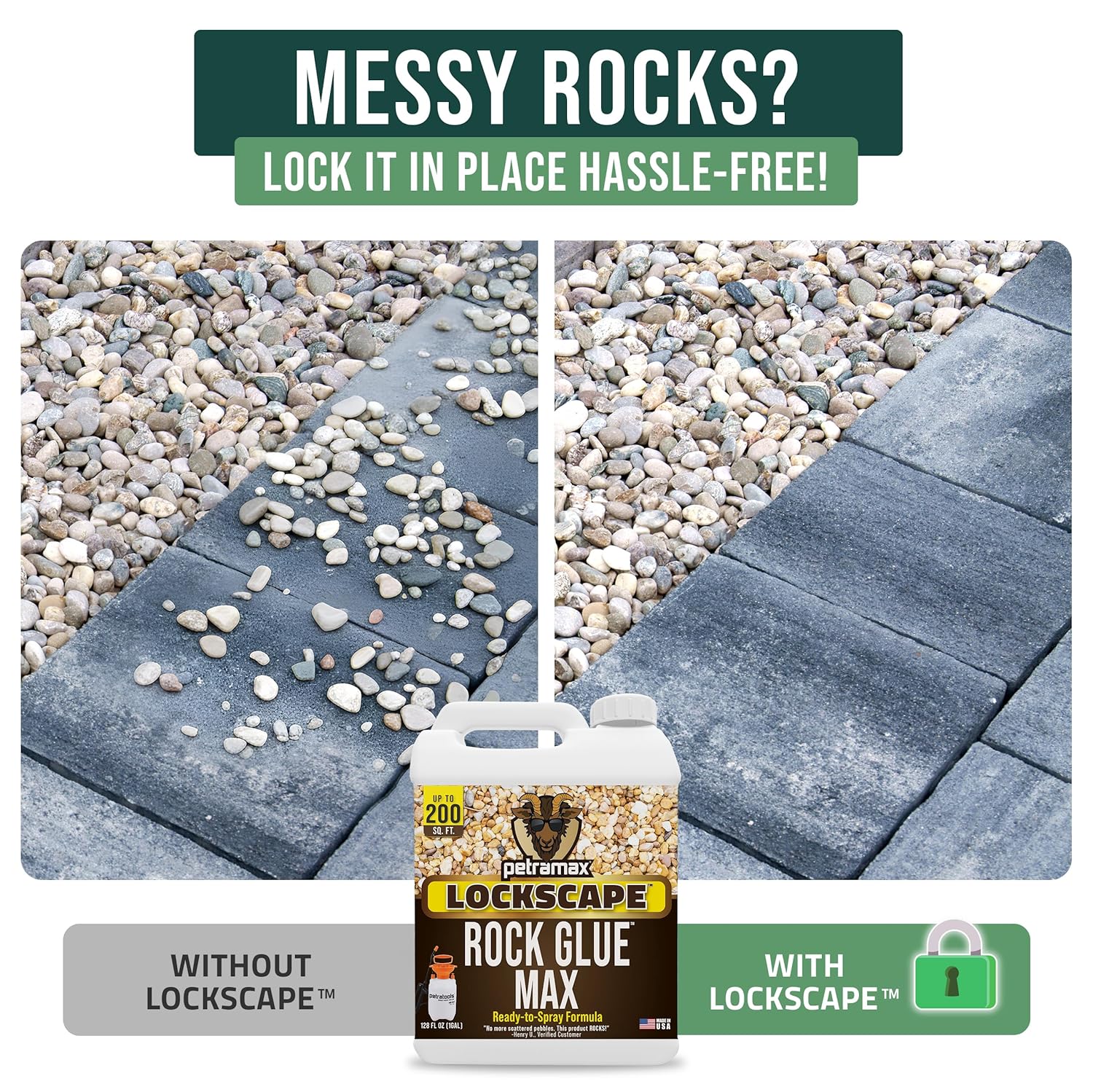 PetraMax Lockscape Rock Glue for Landscaping, 1 Gal (Made in USA) - 100% Permeable & Pet-Safe Landscape Adhesive for Stones & Pebbles - Ready to Spray Pea Gravel Binder & Mulch Glue for Landscaping