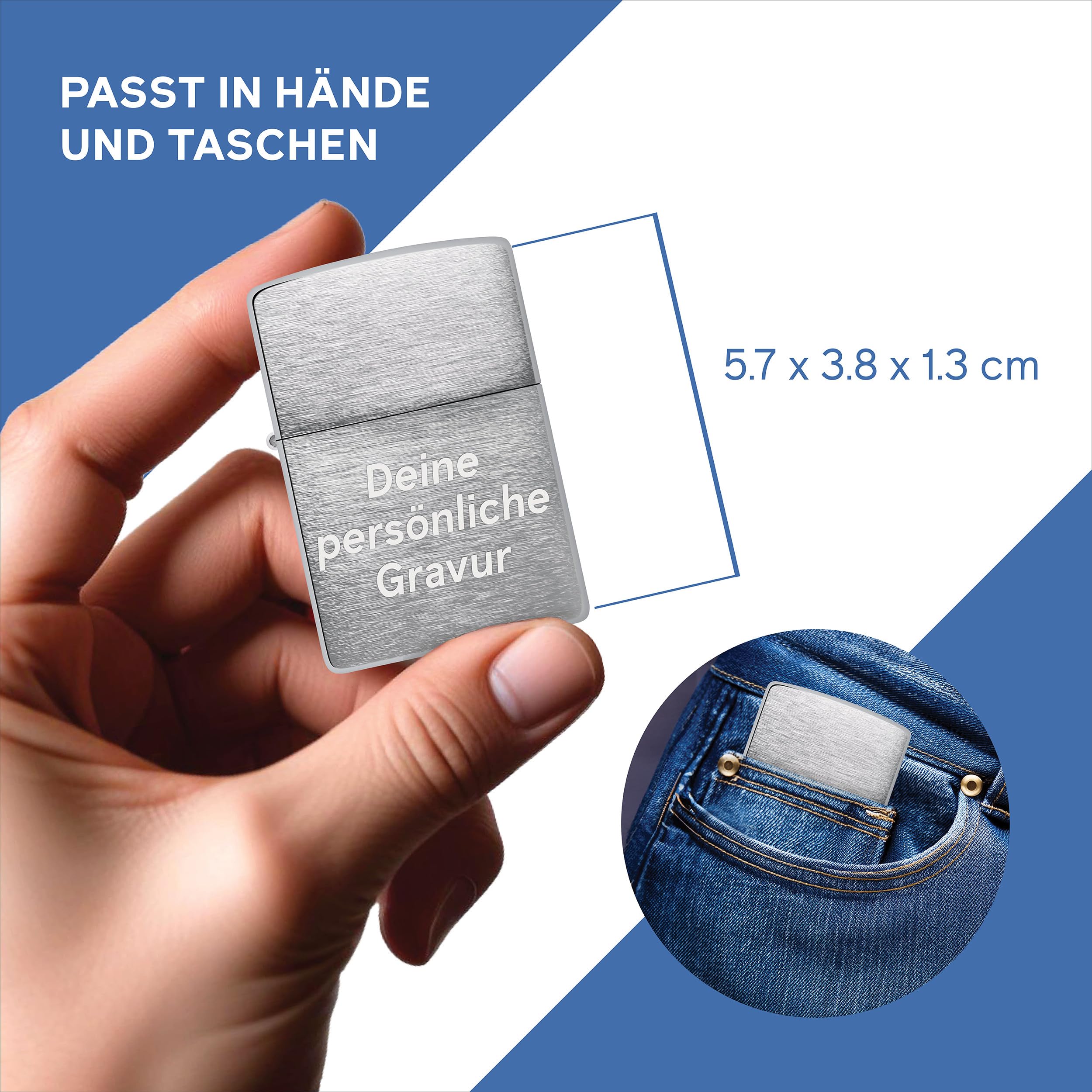 Zippo Sturmfeuerzeug mit Gravur – Brushed Chrome – Personalisiert mit Wunschtext – Nachfüllbar - Wiederverwendbar – Windfest