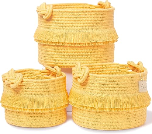 NaturalCozy Juego de cestas de almacenamiento de decoración bohemia de 3 piezas, cestas tejidas de cuerda de algodón para organizar. Cesta pequeña