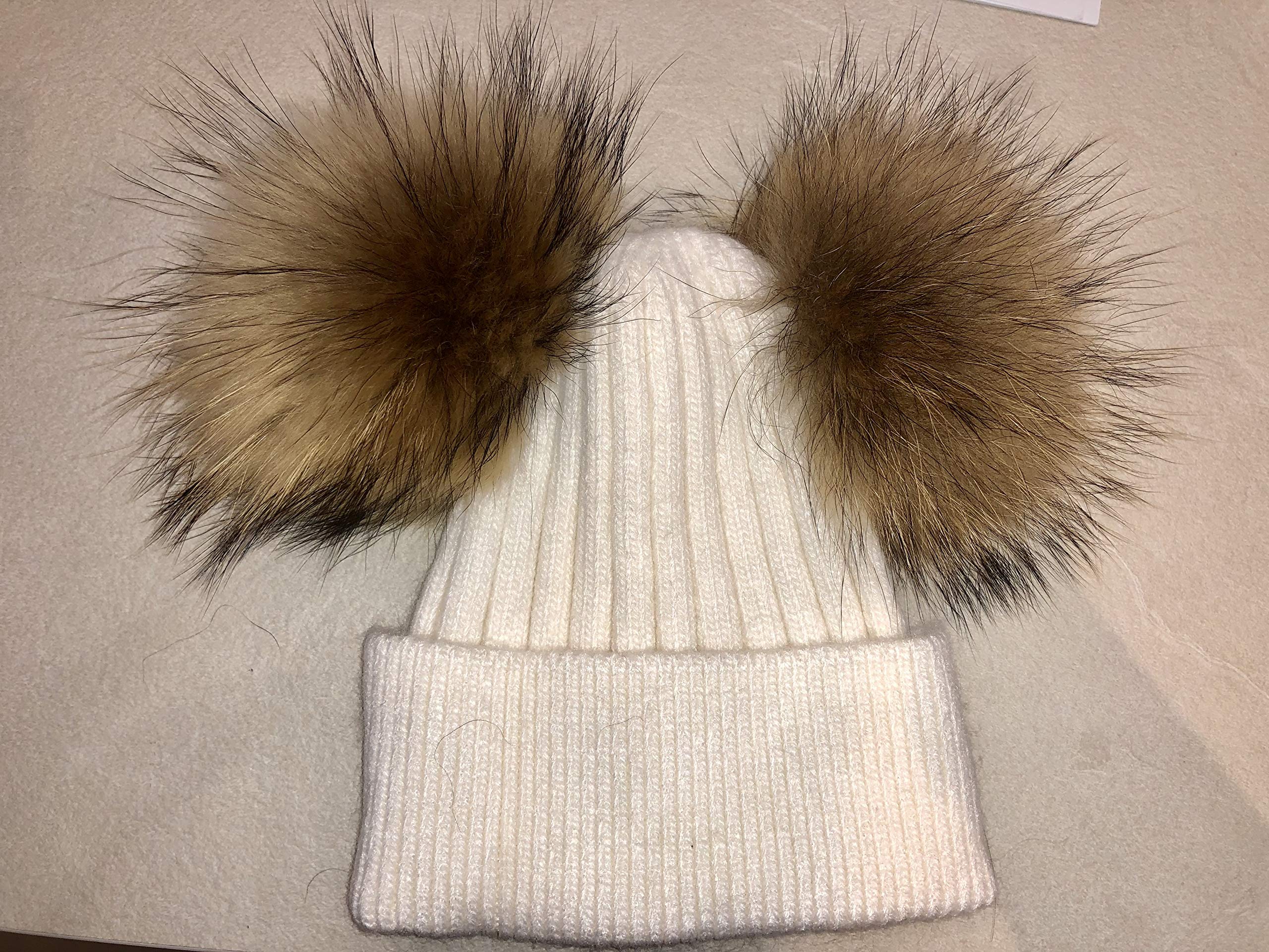 Gorro de Mujer de Cachemira Blanco con dos Pompones PIEL REAL