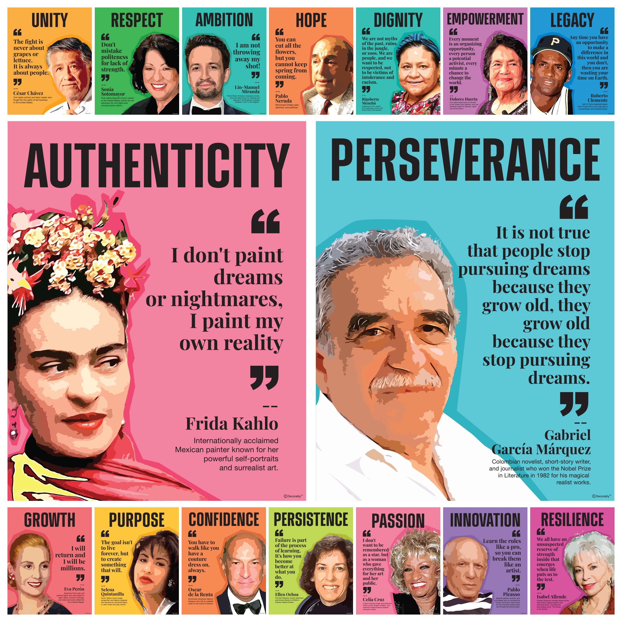 Decorably 16 Hispanic Heritage Posters, 11x14in Matte-Laminated Educational Hispanic Heritage Month Posters