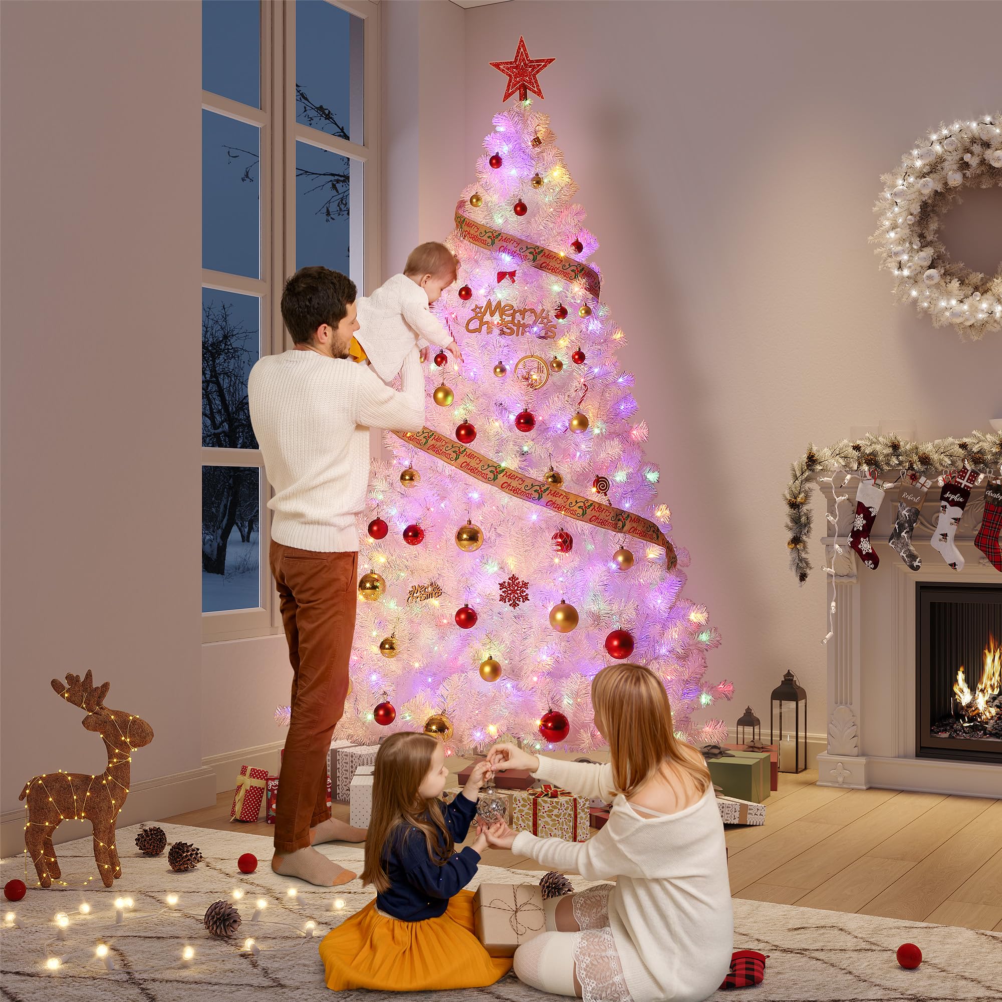 GarveeHome Sapin de Noël artificiel pré-éclairé de 1,4 m avec lumières LED blanches chaudes et support en métal, décoration de Noël artificielle pour la maison, le bureau, les fêtes
