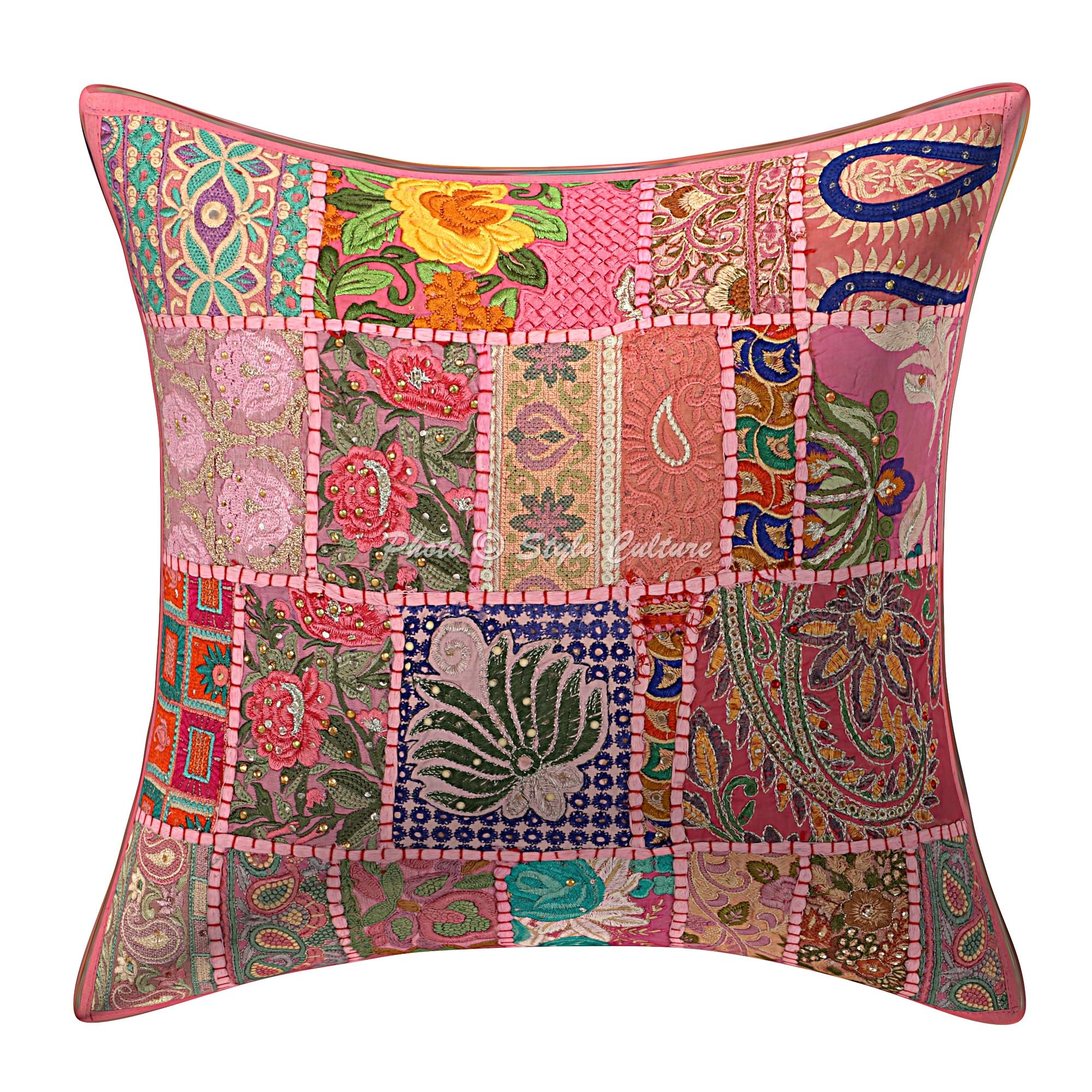 Ethnisch Dekorativ Baumwolle Couch Kissenbezüge 40x40 cm Baby Pink Dekokissen Vintage Patchwork Schlafzimmer Sofa Kissen Bezüge Abstrakt Quadrat Umschlagverschluss Kissenhullen - 5 STK.