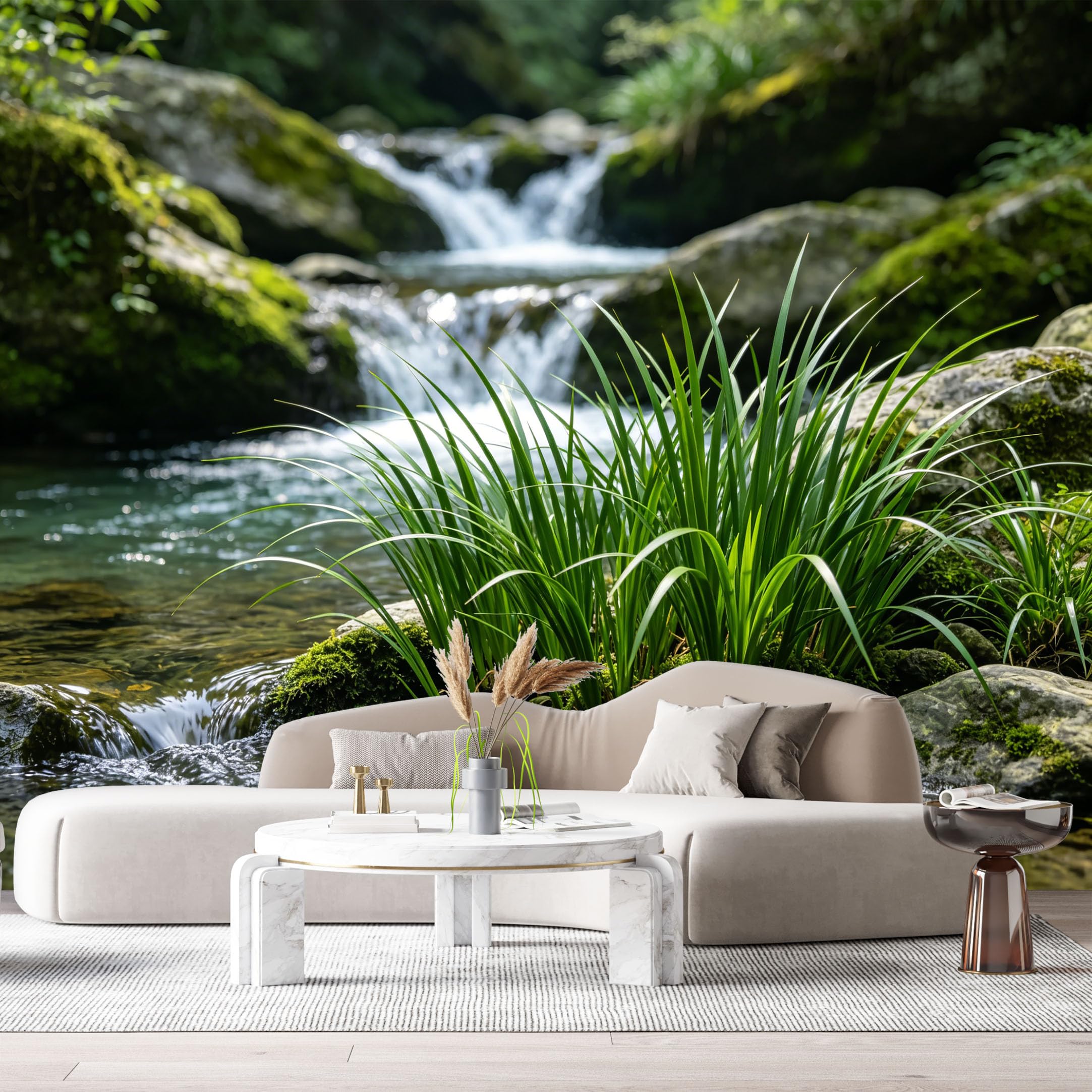 Custom Size Wall Murals Forest Stream Landscape Waterfall Mossy Rocks Botanical Watercolor SelfAdhesive Wall Fabric Removable Large Wallpaper for Photo Living Room