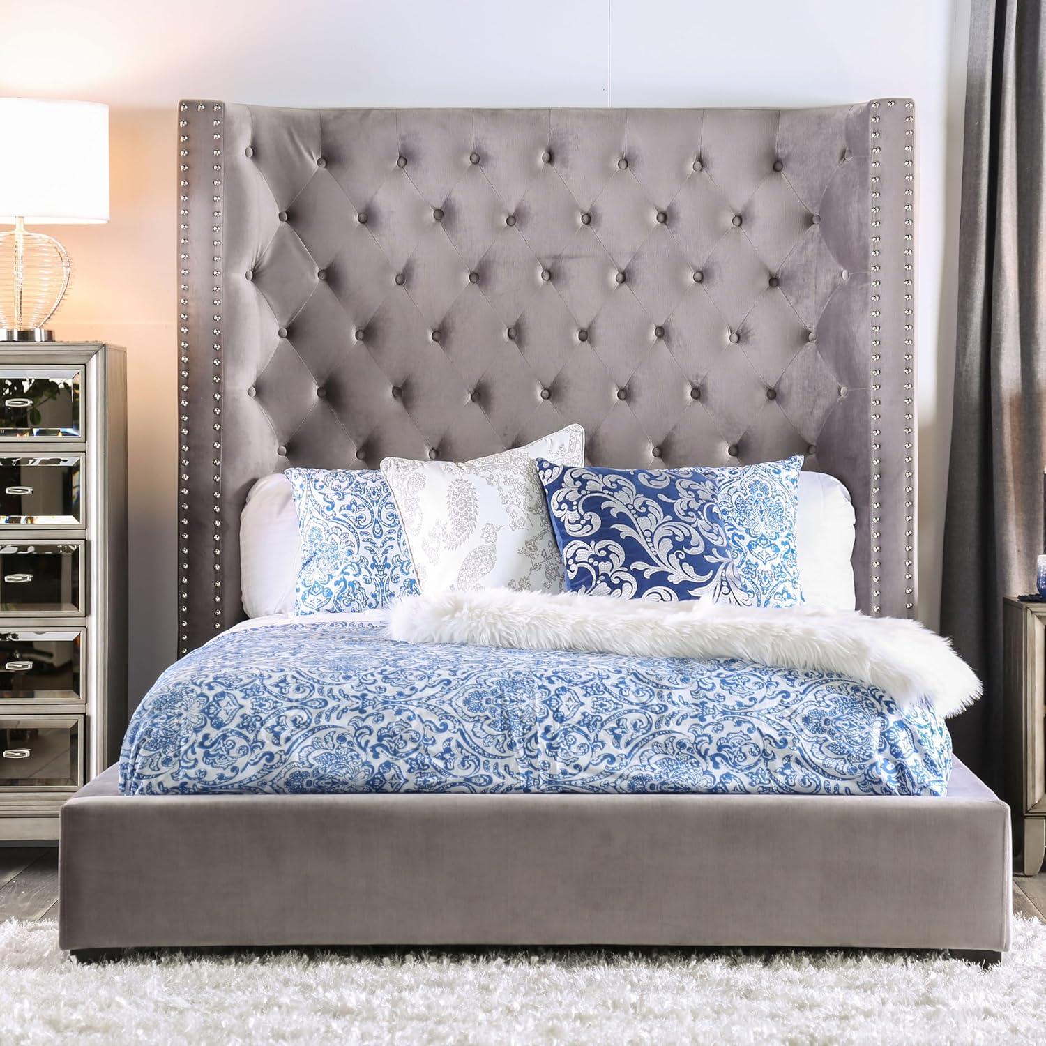 Furniture of America Garnet Fabric Upholstered Queen-Size Bed with Wingback, Button Tufted and Nailhead Trim Headboard, Box Spring Required for Bedroom, Guest Room, Gray