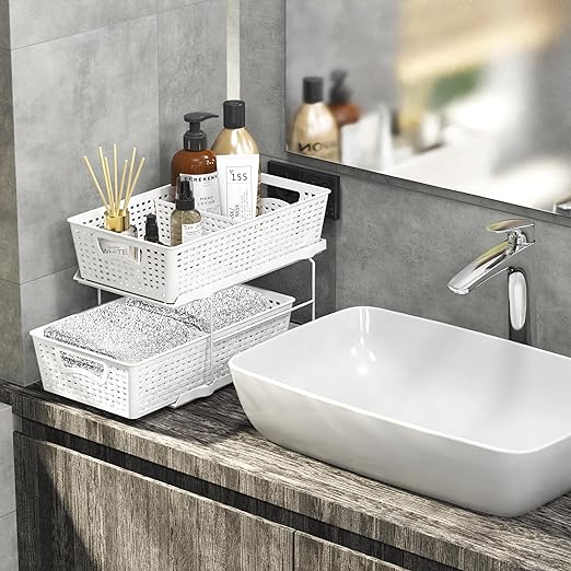 SimpleHouseware 2 Tier Bathroom Organizer Tray Pull-Out Sliding Drawer/Under-Sink Storage, White