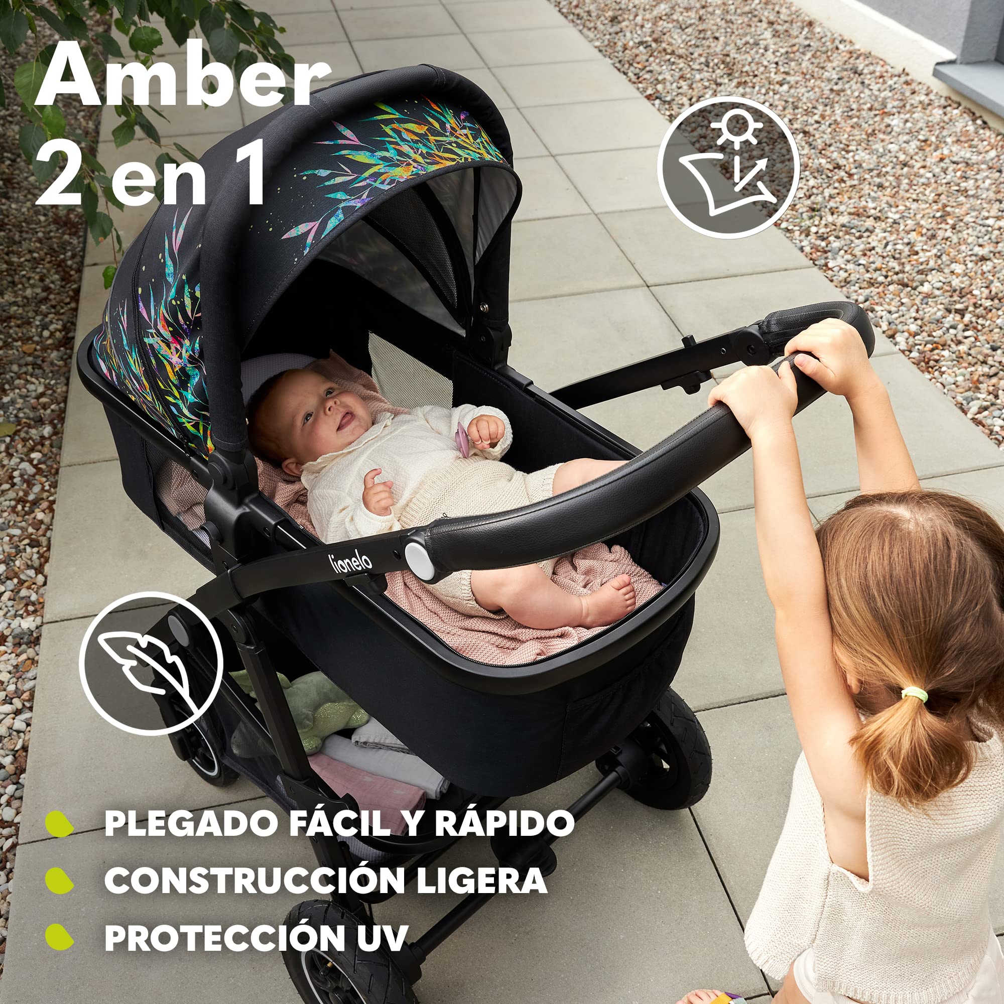 LIONELO Amber Coche de bebé multifuncional 2 en 1 Conjunto silla de paseo con el Asiento de Cubo e Capazo Manillar regulable Bolsa Mosquitero Protector de lluvia | Manillar regulable, bolsa, mosquitera y protector de lluvia incluidos