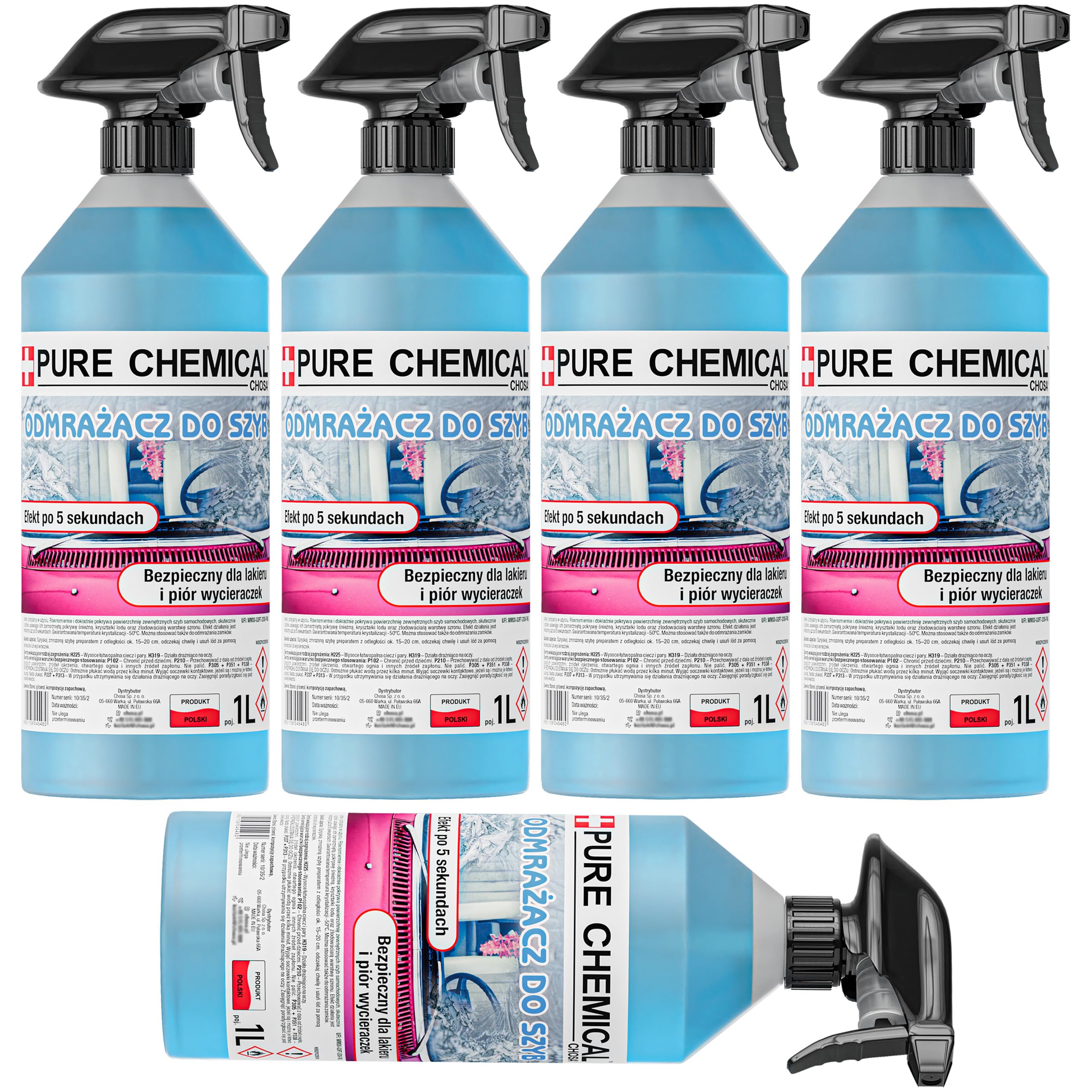 CHOSA Scheibenenteiser Spray Auto Set 5 x 1L - Eisfrei Spray für Autoscheiben - Anti EIS & Frost Spray mit Sprühkopf - Schnellwirkender Enteiser für klare Sicht