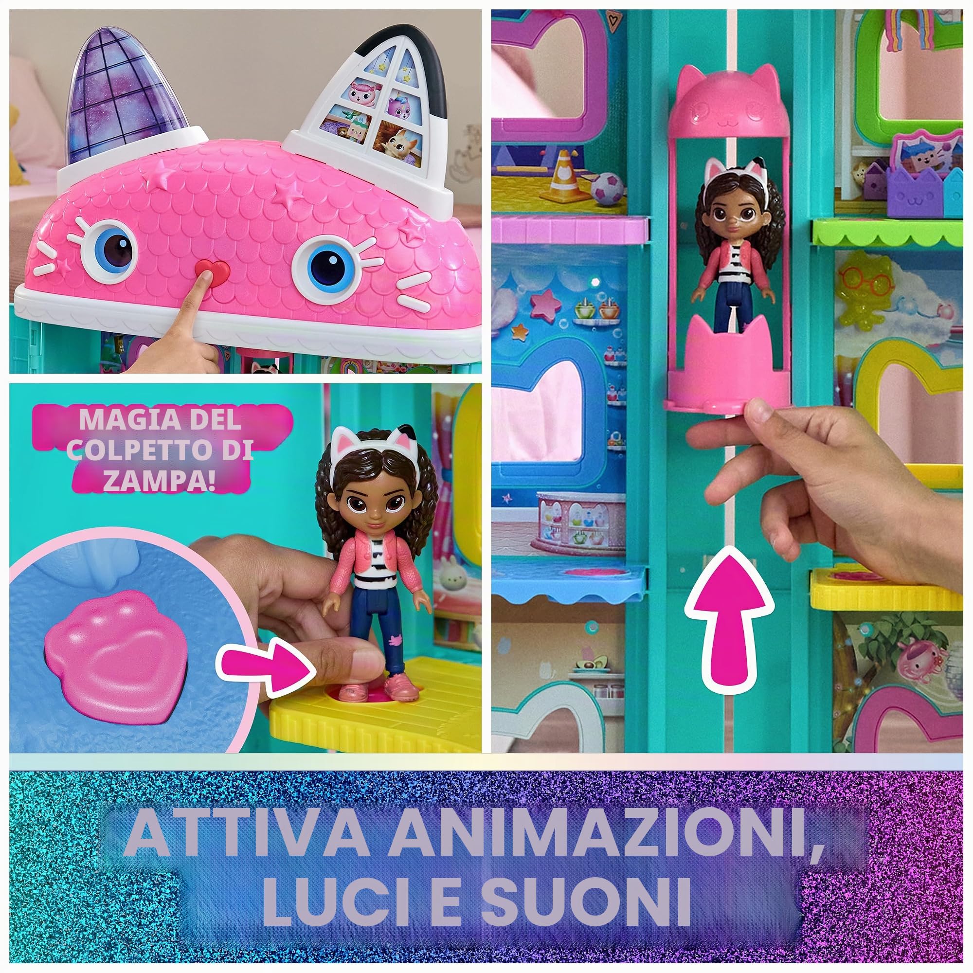 Gabby's Dollhouse: The Movie, Meow-Mazing, casa delle bambole interattiva, 7 stanze, occhi con schermo LCD, figure, Sound FX, giocattoli per bambini per ragazze e ragazzi dai 3 anni in su